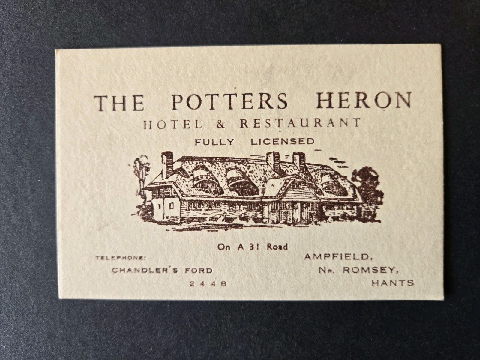 The Potters Heron Hotel and Restaurant Hampshire England Business Card 1950s