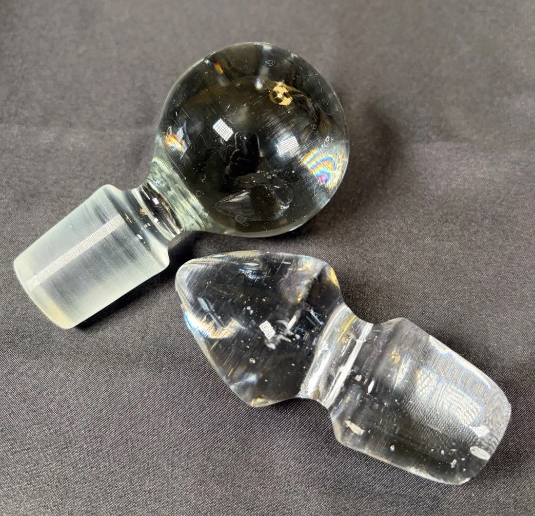 Lot Of 2 Vintage ATQ clear glass solid ball & Cone Shaped decanter stoppers only Lot Of 2 Vintage ATQ clear glass solid ball & Cone Shaped decanter stoppers only