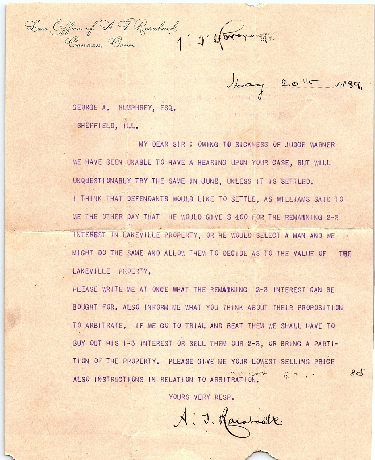 1889 Canaan, CT Law Office Letter: Property Dispute Settleme