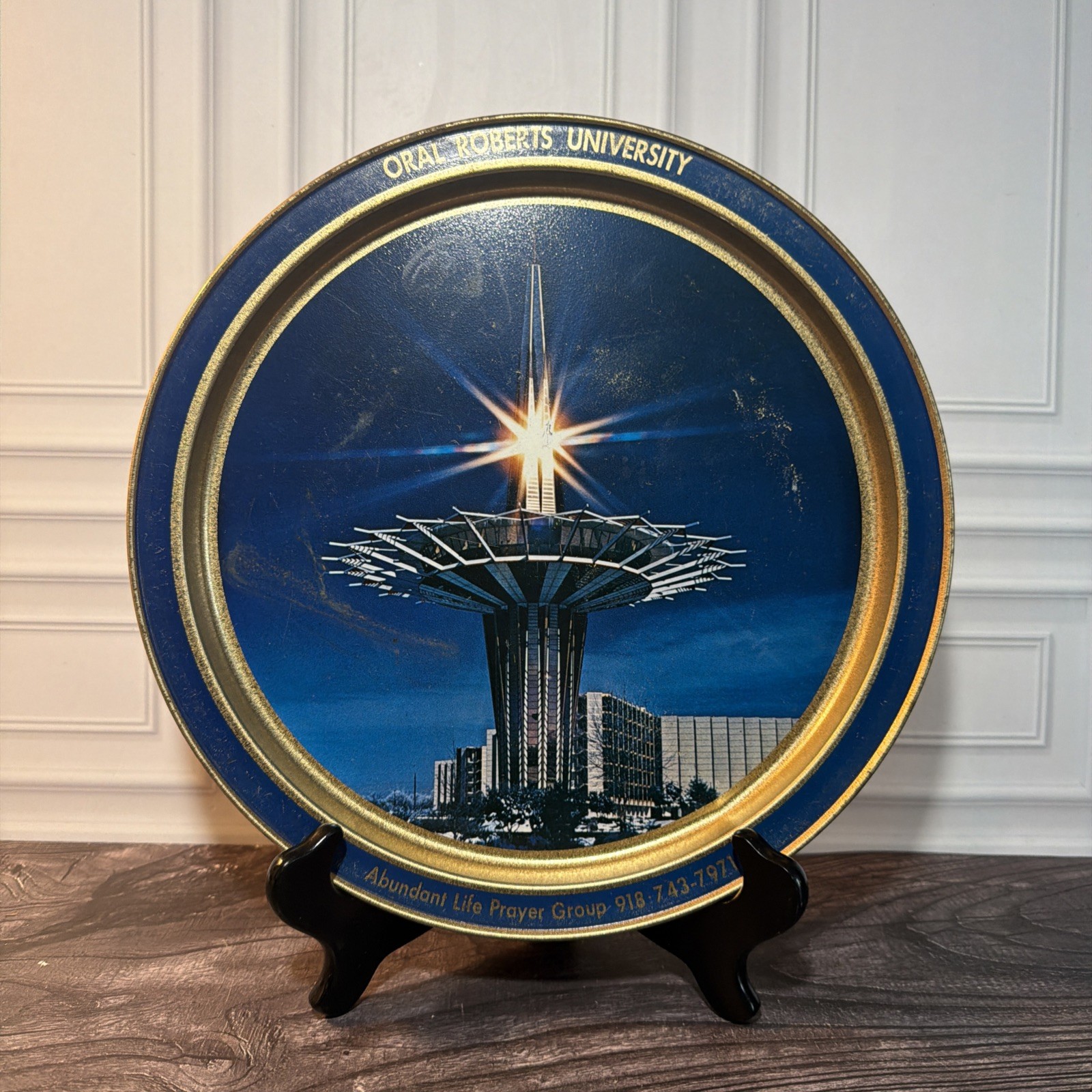 Vintage Oral Roberts University Prayer Tower Tin Serving Tray Souvenir Tulsa 12”