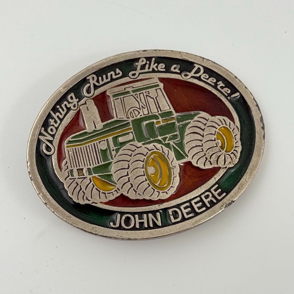 Vtg John Deere Tractor Advertising Employer Belt Buckle Green Enamel Silver Tone