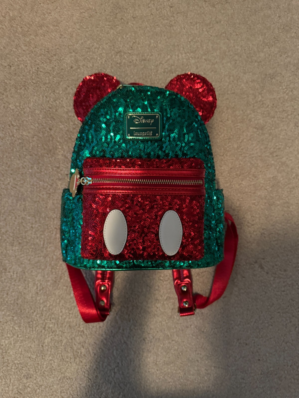 NIP Loungefly Disney Mickey Mouse Metallic Red Green Holiday Ears Mini Backpack NIP Loungefly Disney Mickey Mouse Metallic Red Green Holiday Ears Mini Backpack