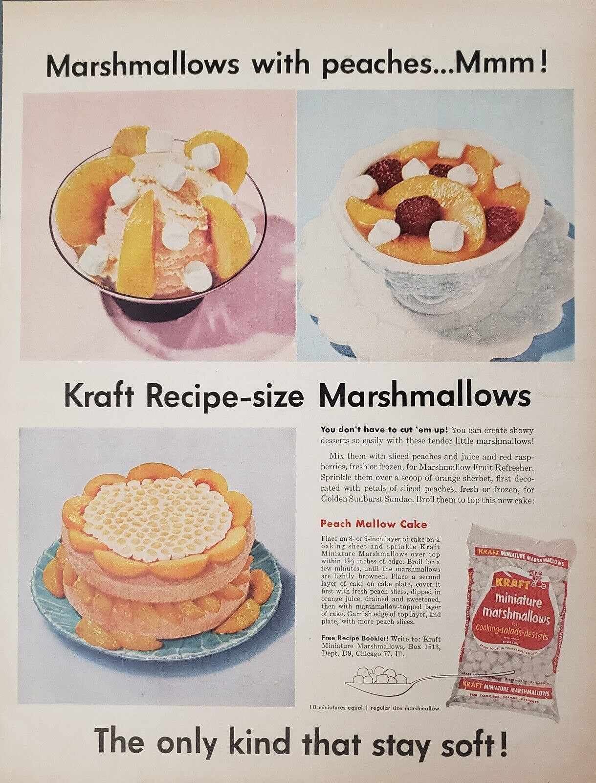 1958 Kraft Miniature Marshmallows Peach Mallow Recipe Print Ad