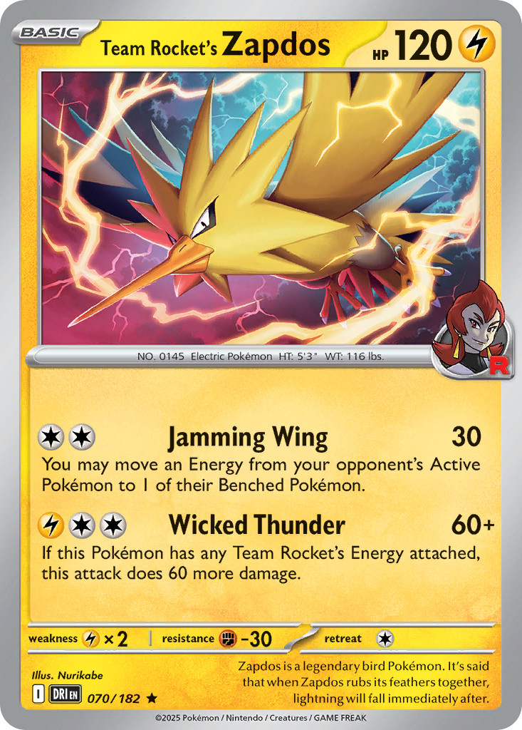 TEAM ROCKET'S ZAPDOS R REVERSE HOLO 070/182 DESTINED RIVALS POKEMON NM/M TEAM ROCKET'S ZAPDOS R REVERSE HOLO 070/182 DESTINED RIVALS POKEMON NM/M
