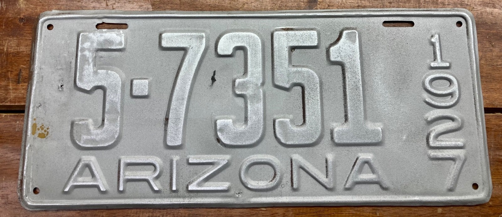 ROCK SOLID RUST FREE 1927 YAVAPAI COUNTY ARIZONA LICENSE PLATE, 5-7351 MVD CLEAR