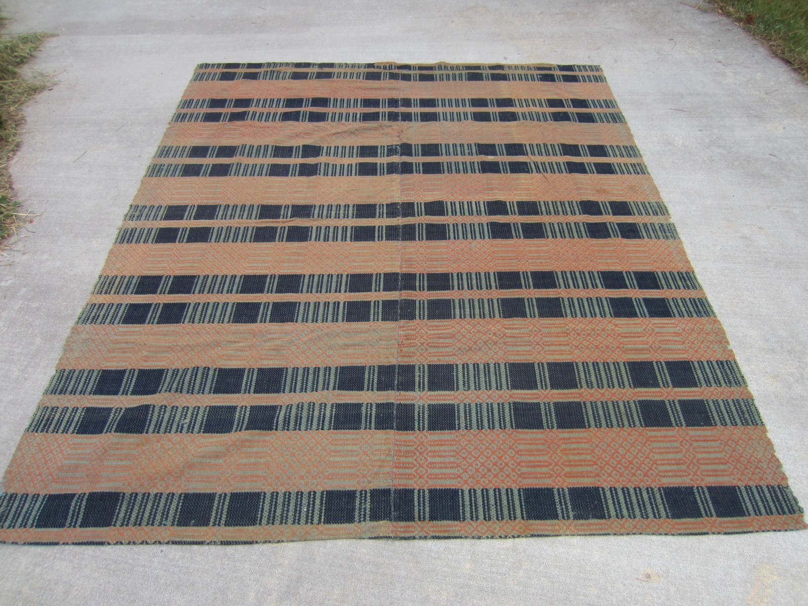 Antique 1800s Hand Woven OVERSHOT COVERLET 84x74 ~Navy & Orange Brown Reversible Antique 1800s Hand Woven OVERSHOT COVERLET 84x74 ~Navy & Orange Brown Reversible