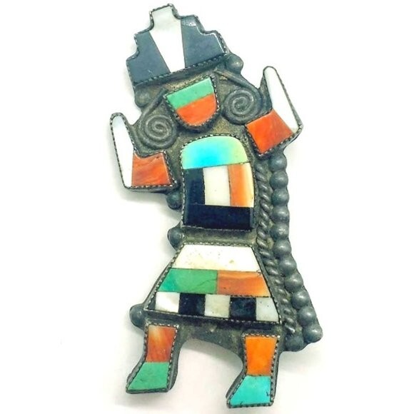 Vintage Zuni Native American Silver Rainbow Dancer Turquoise Corral Stone Brooch Vintage Zuni Native American Silver Rainbow Dancer Turquoise Corral Stone Brooch