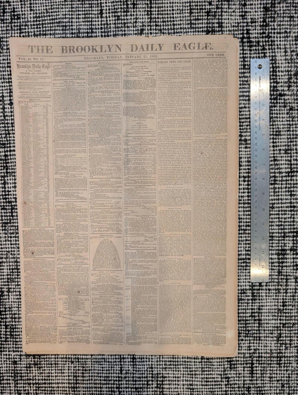 1862 Death of Ex-President Tyler, First Edition — Brooklyn Eagle Jan 21