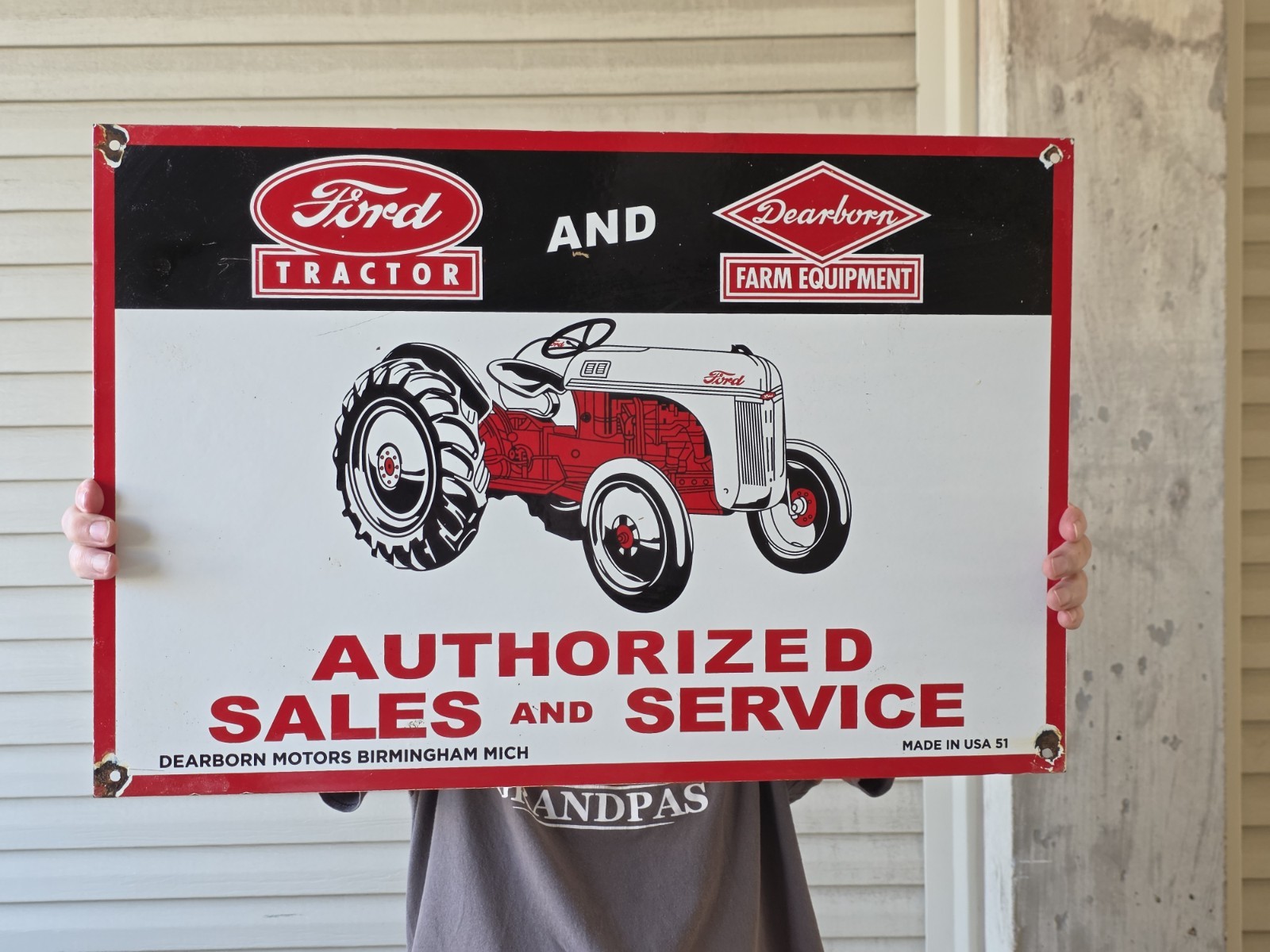 VINTAGE LARGE FORD TRACTOR AND DEARBORN FARM EQUIP PORCELAIN SIGN 24\ VINTAGE LARGE FORD TRACTOR AND DEARBORN FARM EQUIP PORCELAIN SIGN 24\