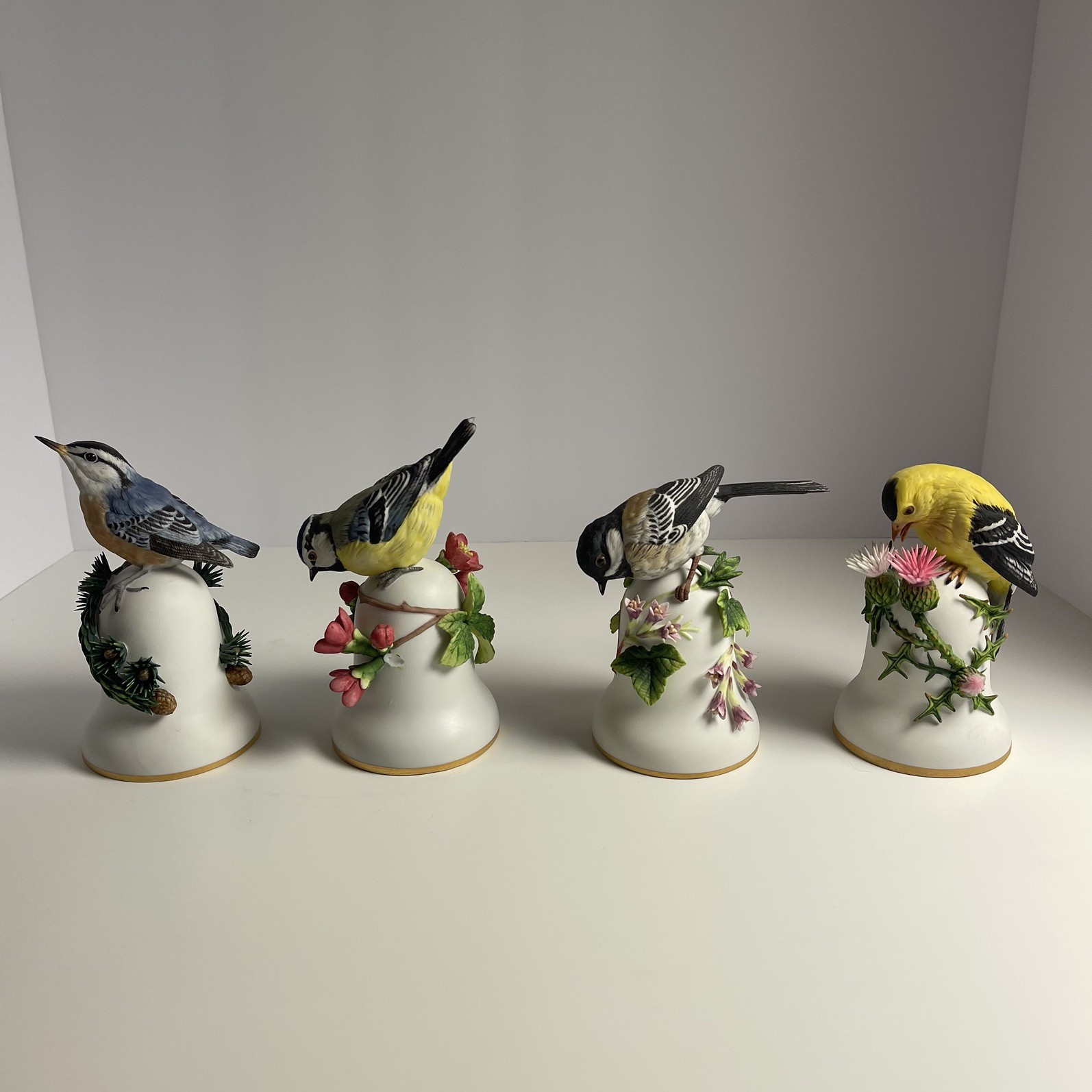 Peter Barrett 1980’s Franklin Mint Porcelain Bird Bells Lot Of 4 w/ minor damage