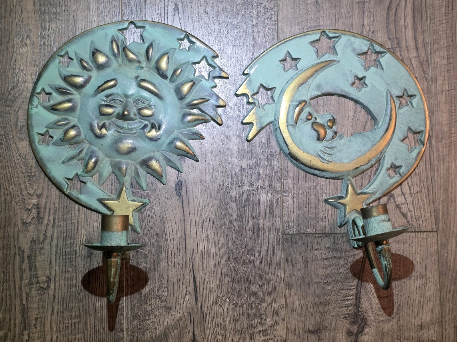 Vintage PartyLite Sun Moon Stars Wall Sconce Candle Holders Set Metal 1994