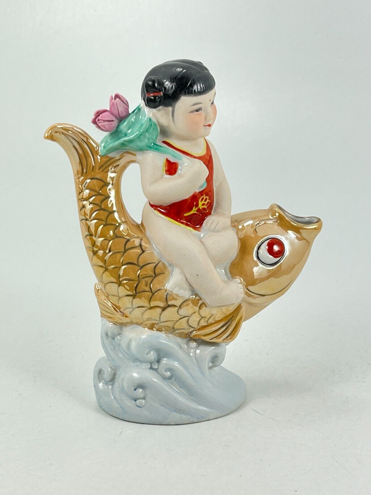 Vintage Chinese Girl Sitting on Koi Fish Porcelain Figurine Floral Nautical 7x6\
