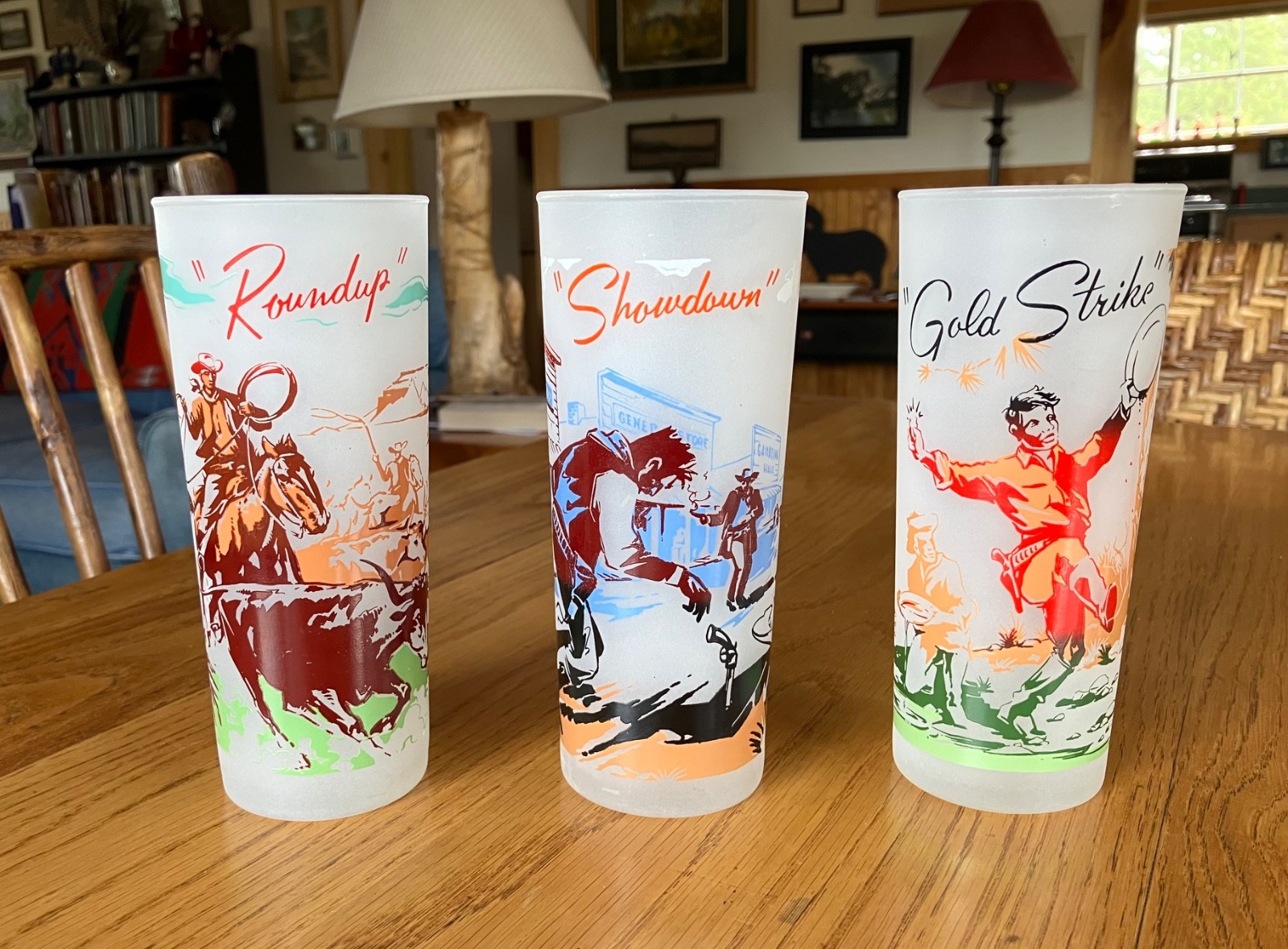 Vtg Frontier Gas & Oil Promotional Glass Tumblers Cowboy Western Set Of 3