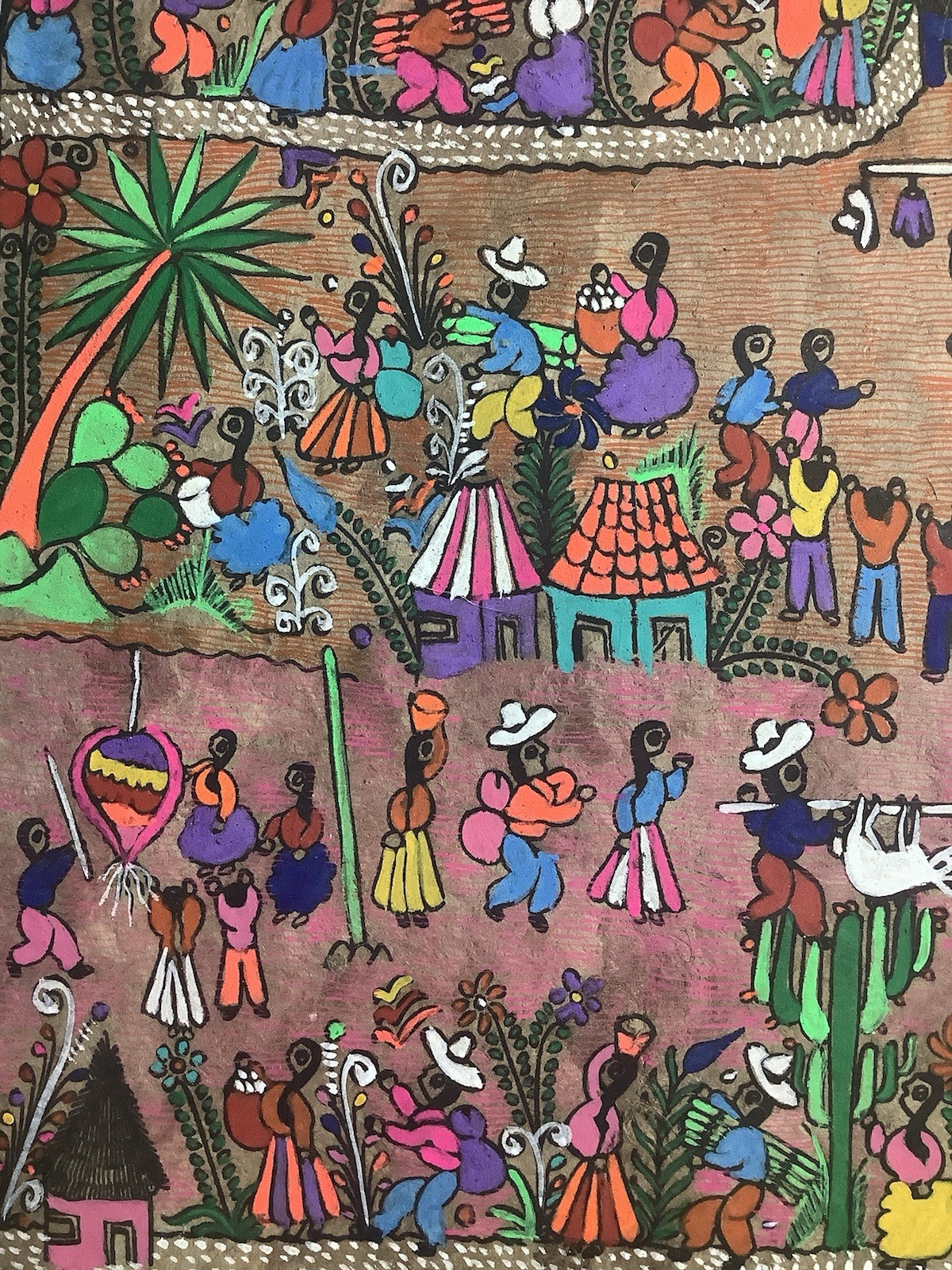 Mexican Amate Bark Folk Art Handmade Painting - Festival Day - 23 x 16