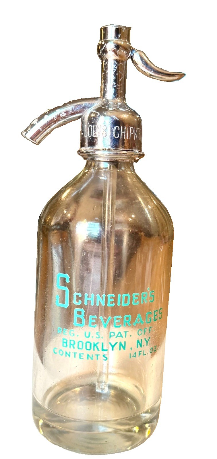 Vintage Schneider’s Beverages Brooklyn NY Seltzer Siphon Bottle Louis Chipkin