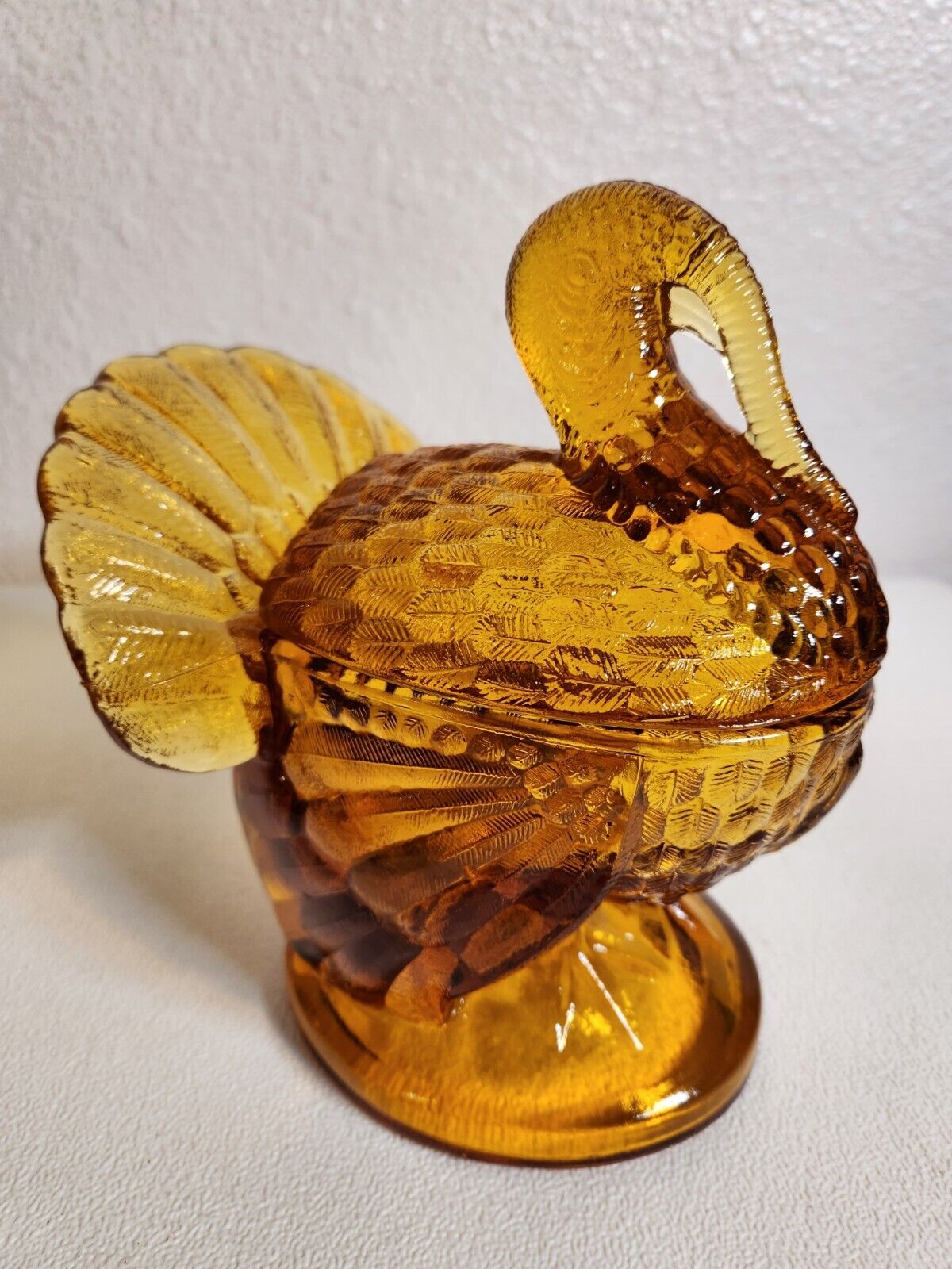 LE Smith Amber Glass Standing Thanksgiving Turkey Covered Candy Dish Fast Ship
