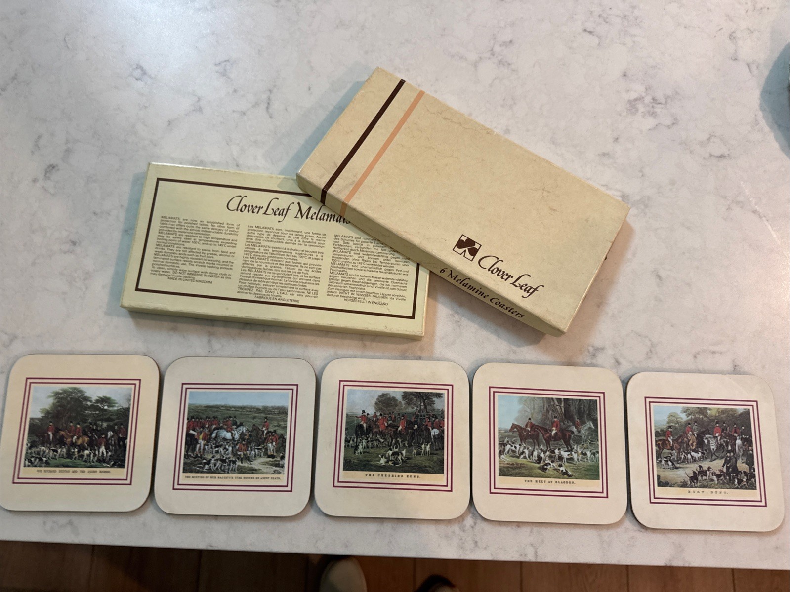 Vintage Clover Leaf Old Hunting Coasters Set of 5 Cork Back UK Boxed