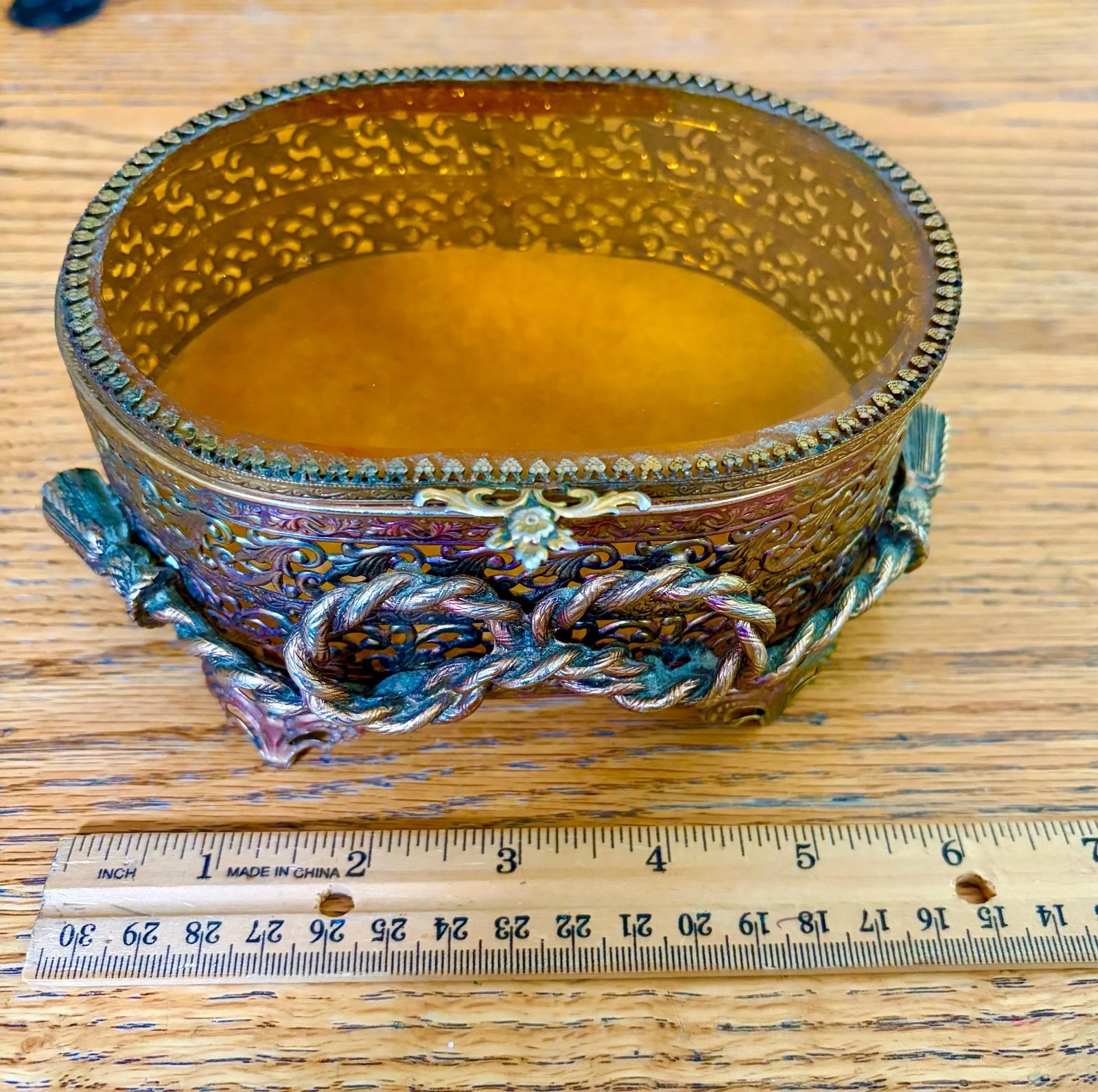 Vintage Footed Ormolu Jewelry Casket. 6 Inch Amber Glass Trinket Box Vintage Footed Ormolu Jewelry Casket. 6 Inch Amber Glass Trinket Box