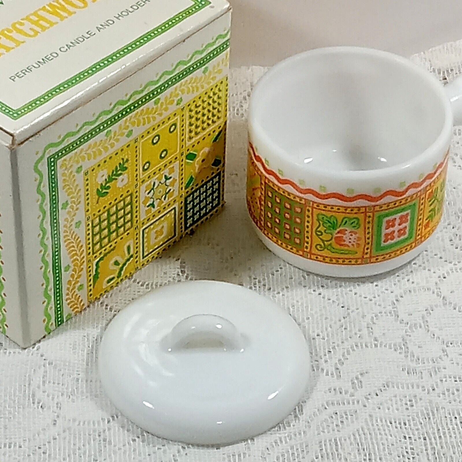 Avon PATCHWORK Candle Holder Milk Glass Cup Dish With Lid Empty No Candle