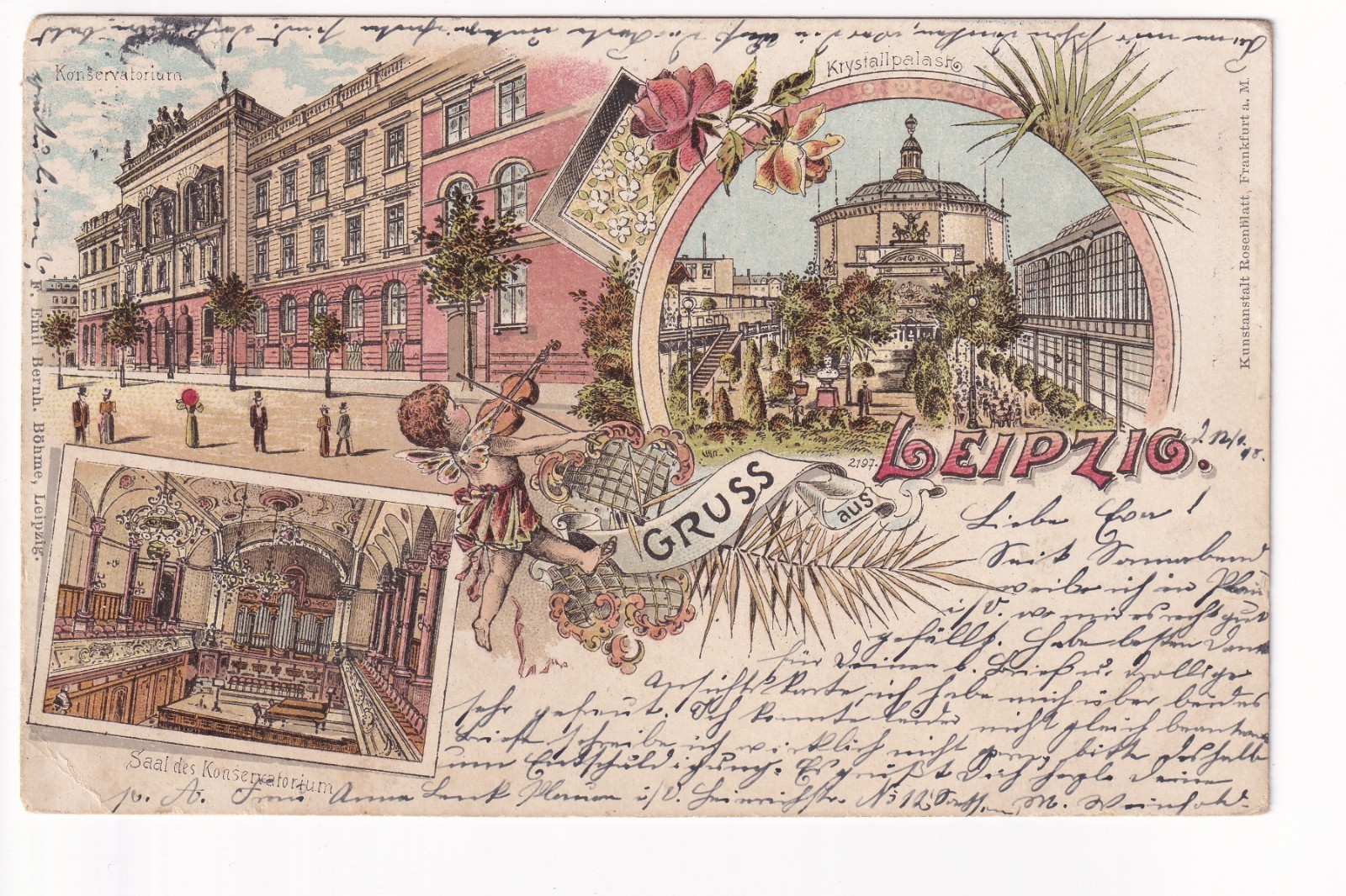 Postcard greeting from Leipzig litho conservatory crystal palace putto 1898 Bavaria 5 Pf Postcard greeting from Leipzig litho conservatory crystal palace putto 1898 Bavaria 5 Pf