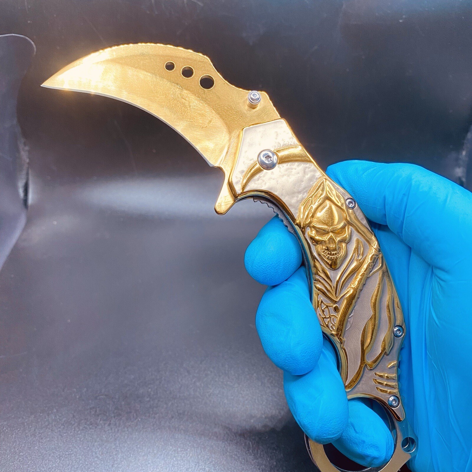 CS:GO Golden Rainbow Skull Karambit Spring Assisted Open Blade Knife Claw EDC