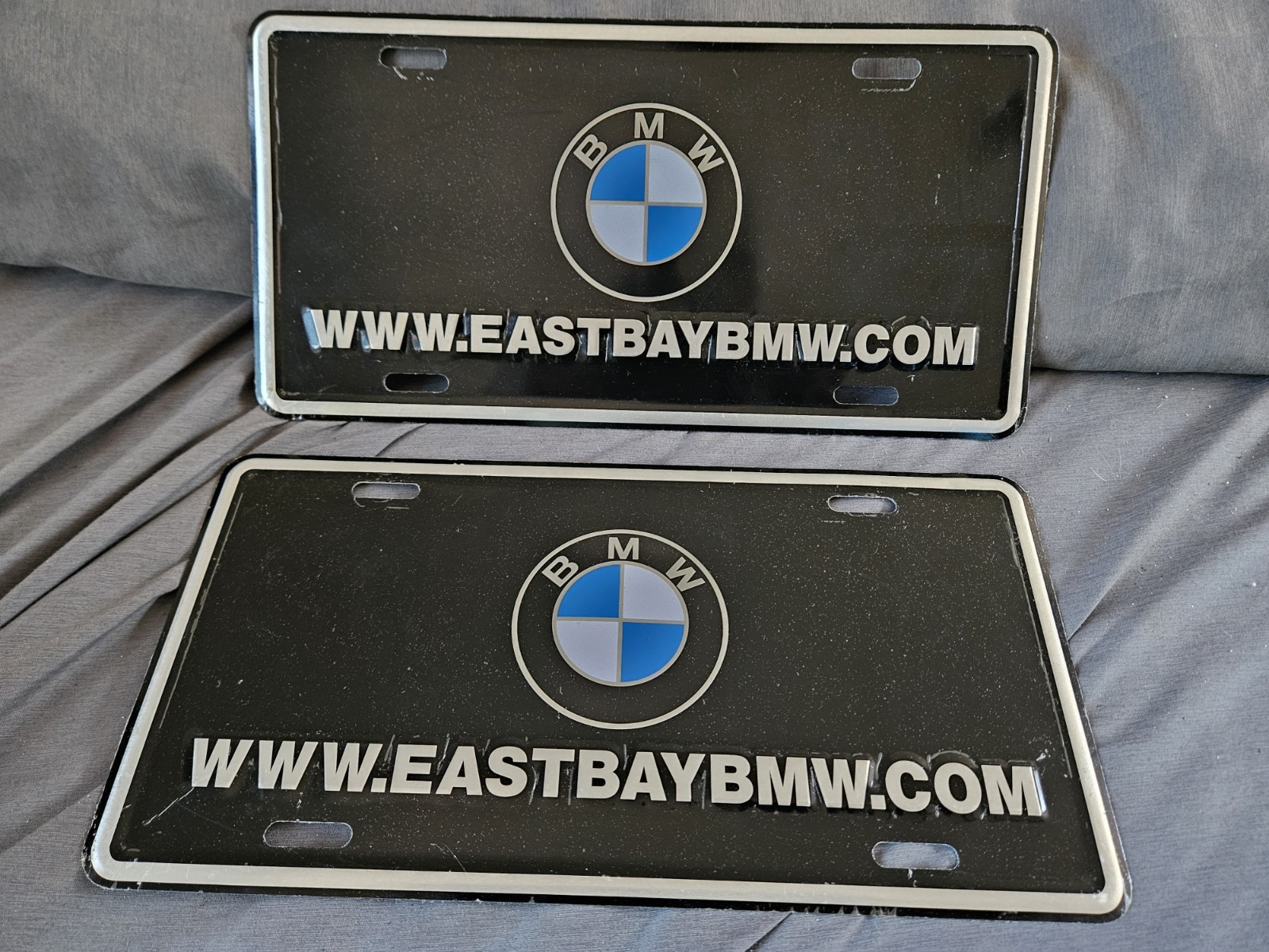 Vintage East Bay CA BMW Matching Pair Vanity Plates Black Stainless Steel 