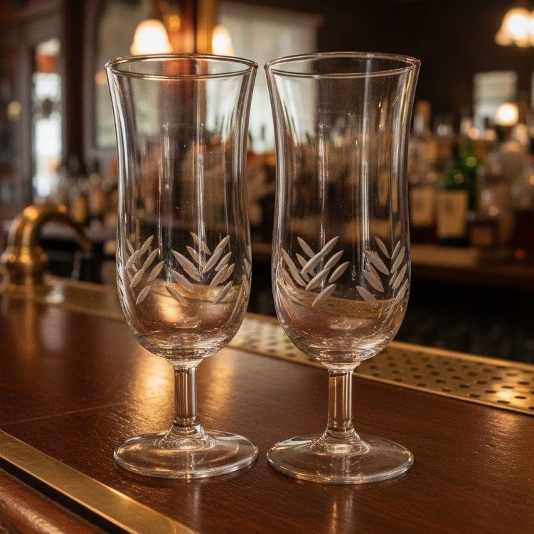 Etched Clear Glass Wine Goblets, Set of 2, Vintage Floral Stemware/ Drinkware