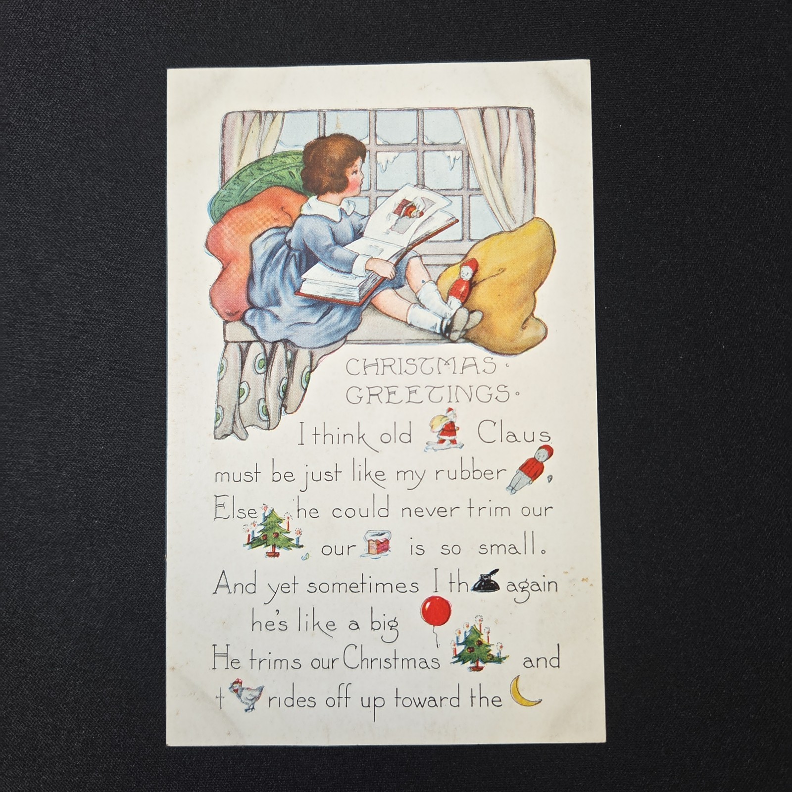 Vintage 1924 Whitney Rebus Christmas Postcard Girl Reading Window Unposted