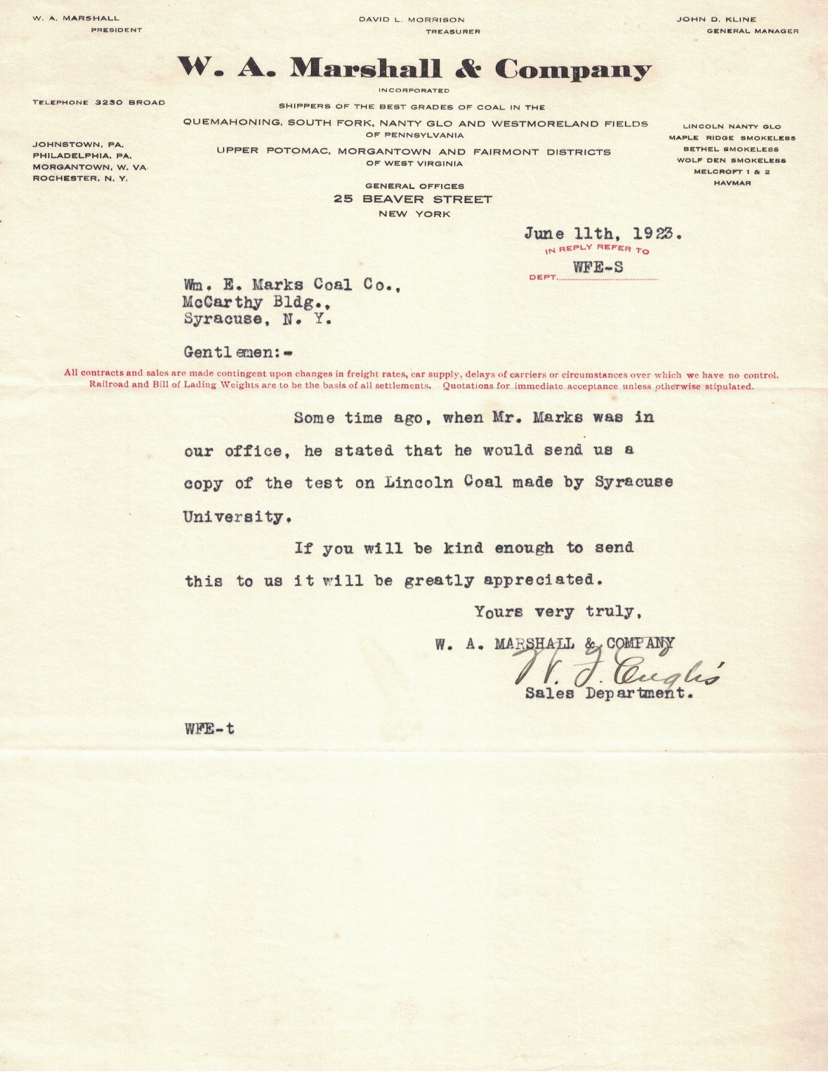 1923 W.A. Marshall & Co. Coal Industry Business Letter New York PA WV 1923 W.A. Marshall & Co. Coal Industry Business Letter New York PA WV