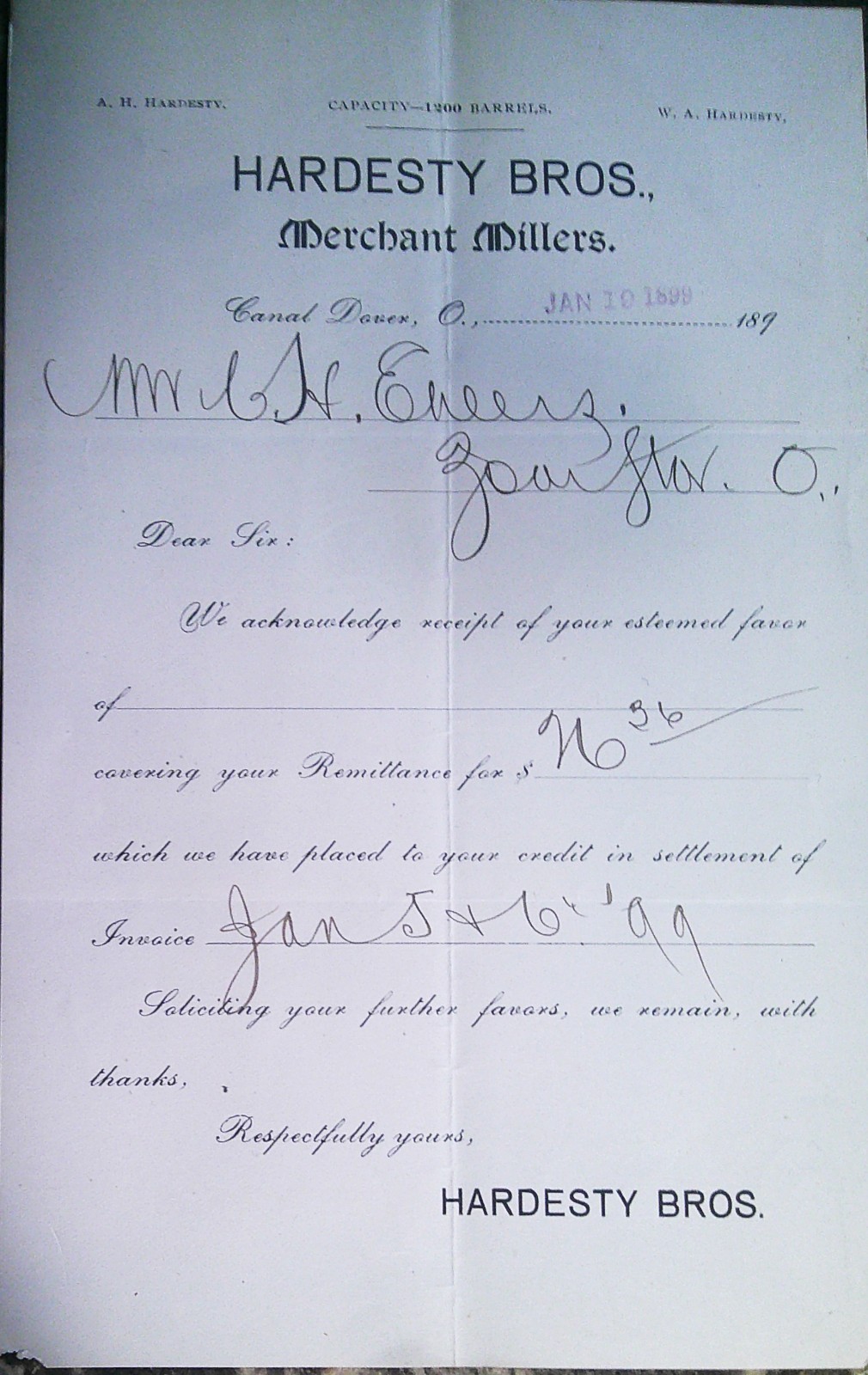 1899 Hardesty Brothers, Canal Dover, Ohio. Note to Charles Ehlers, Zoar Station 1899 Hardesty Brothers, Canal Dover, Ohio. Note to Charles Ehlers, Zoar Station