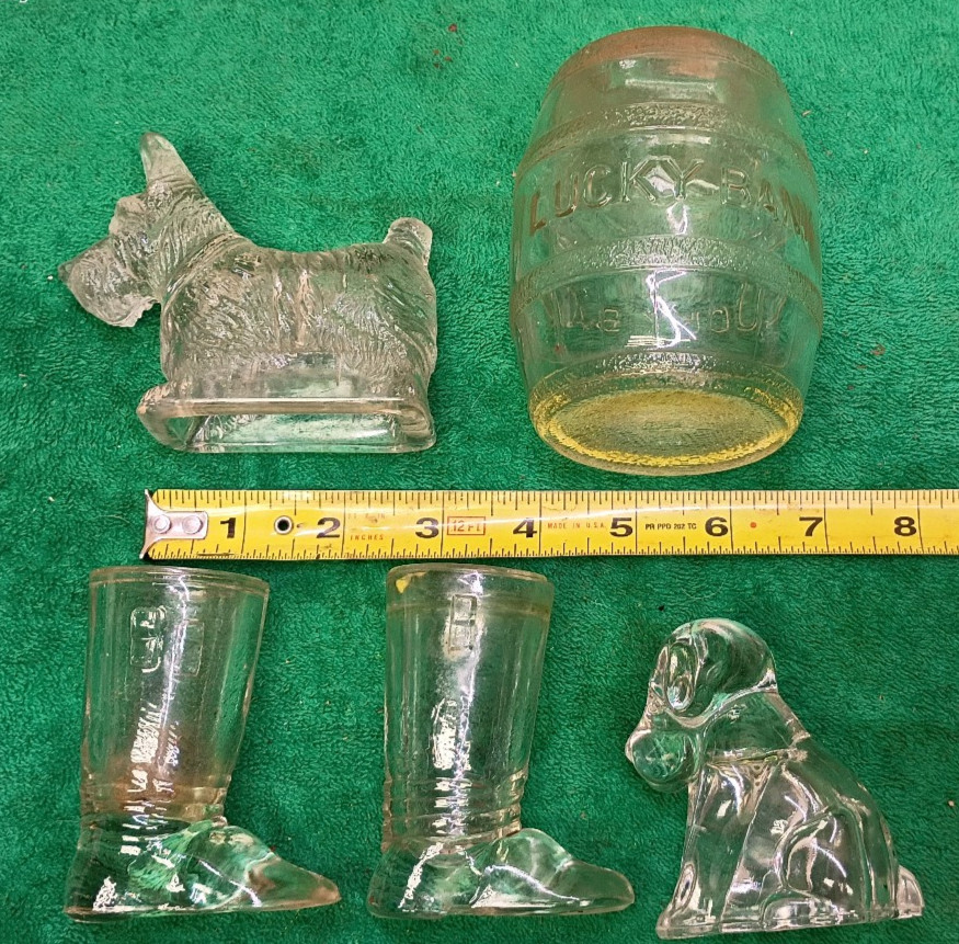 5pc Vintage Glass Candy Containers Scotty Dog Santa Boots & Lucky barrel Bank