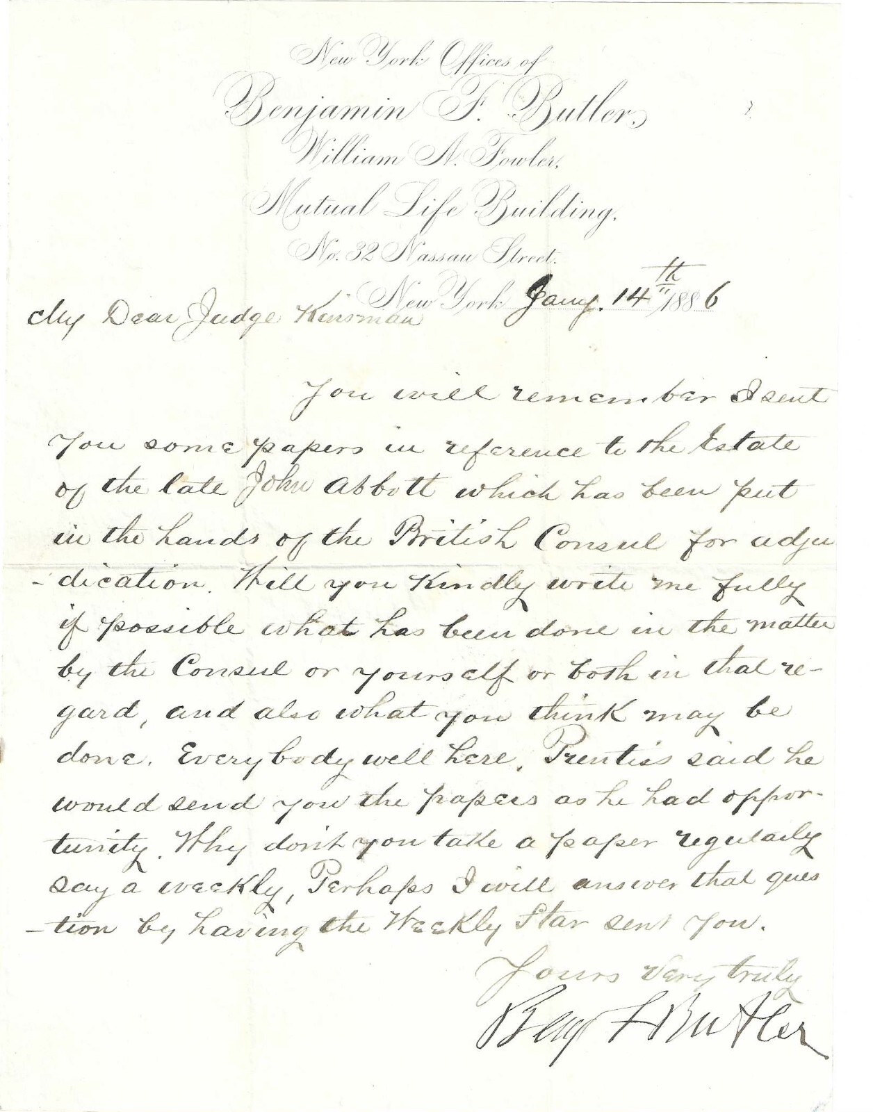 Benjamin F. Butler Writes Judge Kinsman In Egypt About Estate