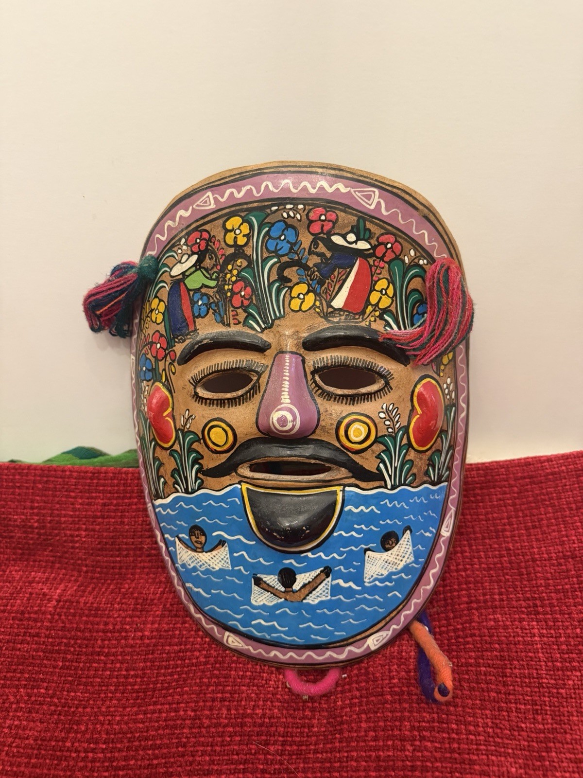 Rare Vintage Mexican Hand Painted Terracotta Mask Folk Art Wall Decor 9.5”