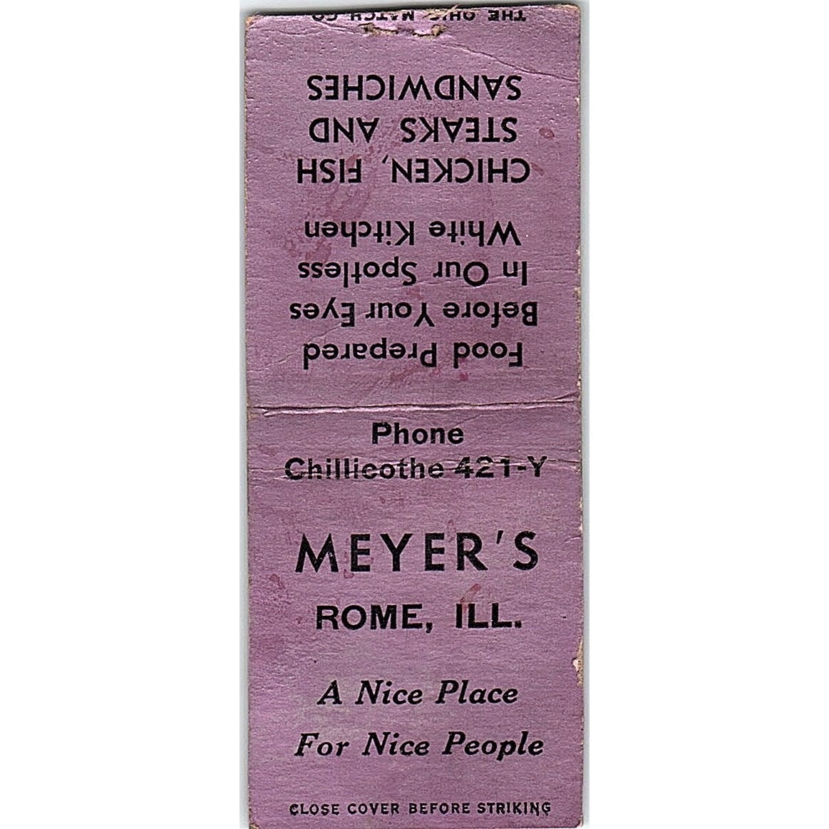 Meyer\'s Restaurant Rome IL Vintage Matchbook Cover MB62-1