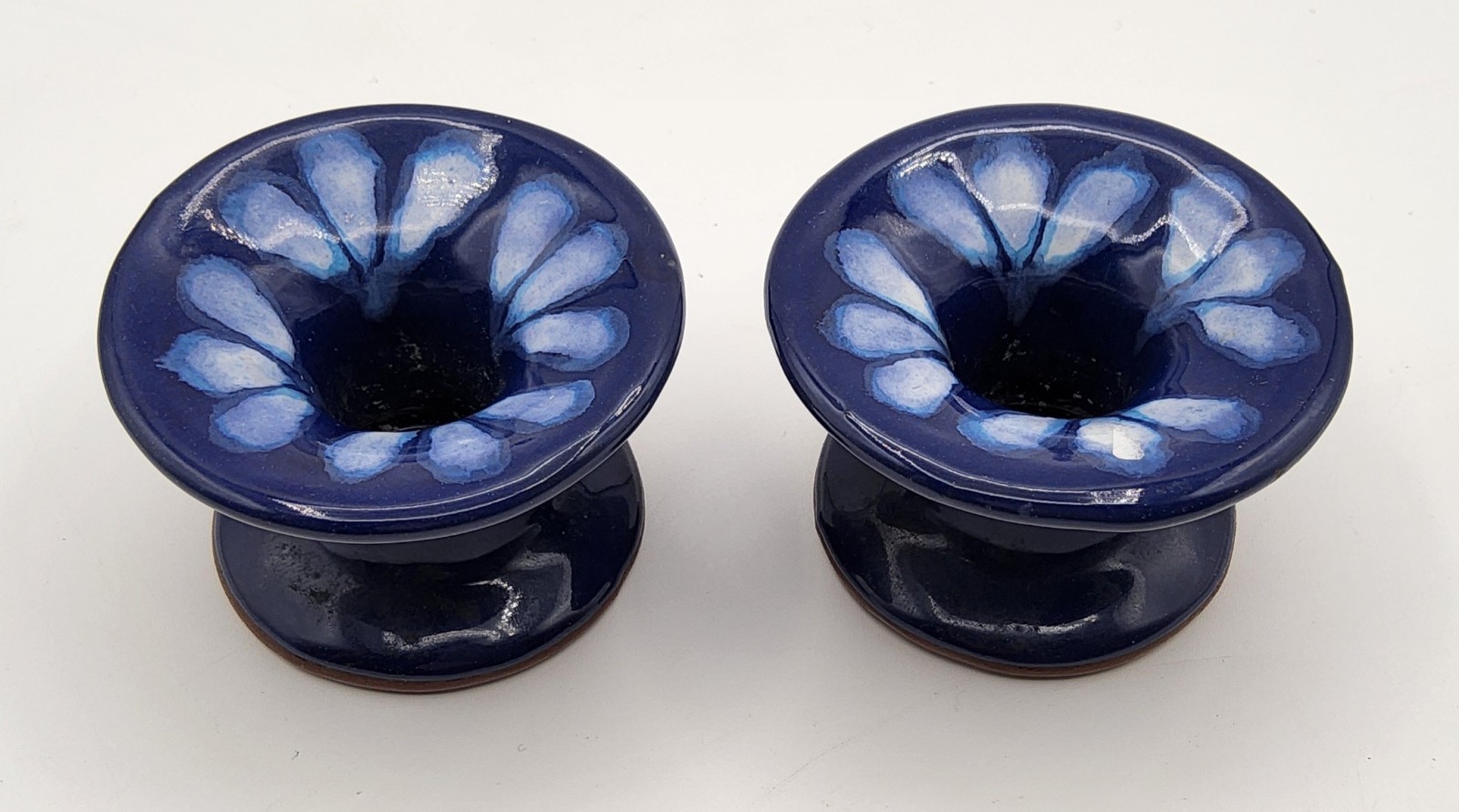 Vintage Pair of Wellfleet Pottery Blue & White Candlestick Candle Holders