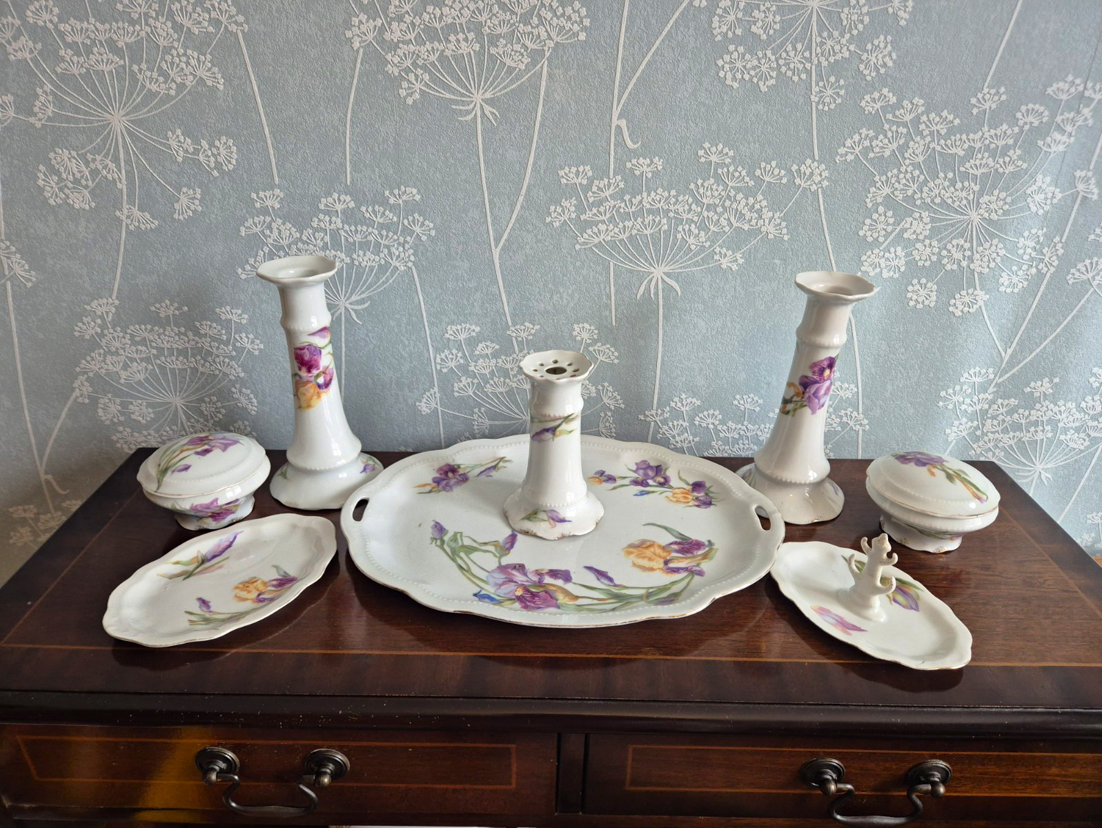 Antique Complete 8 Piece Vanity Set Attr Moritz Zdekauer, Art Nouveau Irises VGC