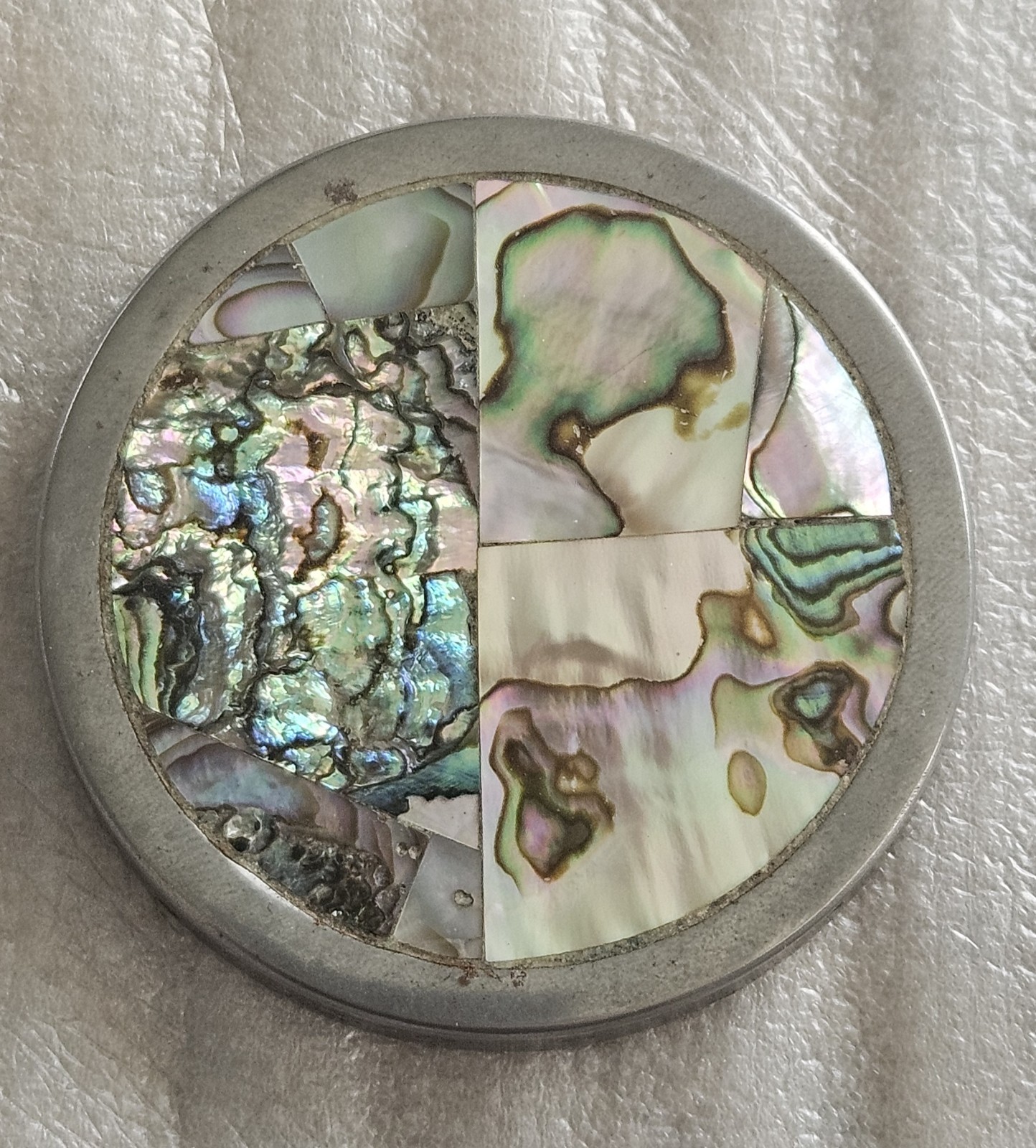 Beautiful  Vintage Abalone Smokeless Tobacco Snuff Can Lid  
