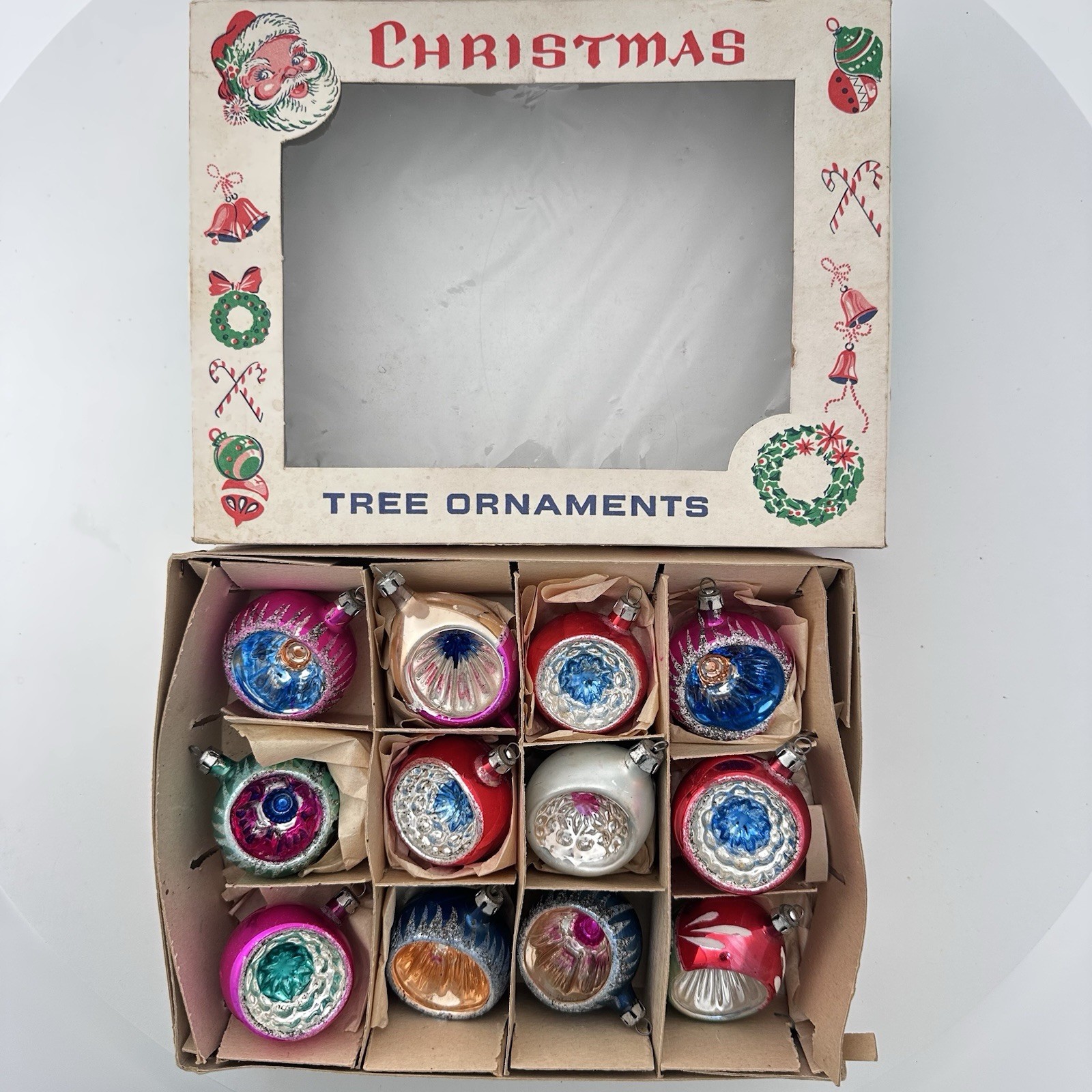 12 Vintage Fantasia Glass Poland Ornaments, Indent Teardrop & Round Box 2” 12 Vintage Fantasia Glass Poland Ornaments, Indent Teardrop & Round Box 2”