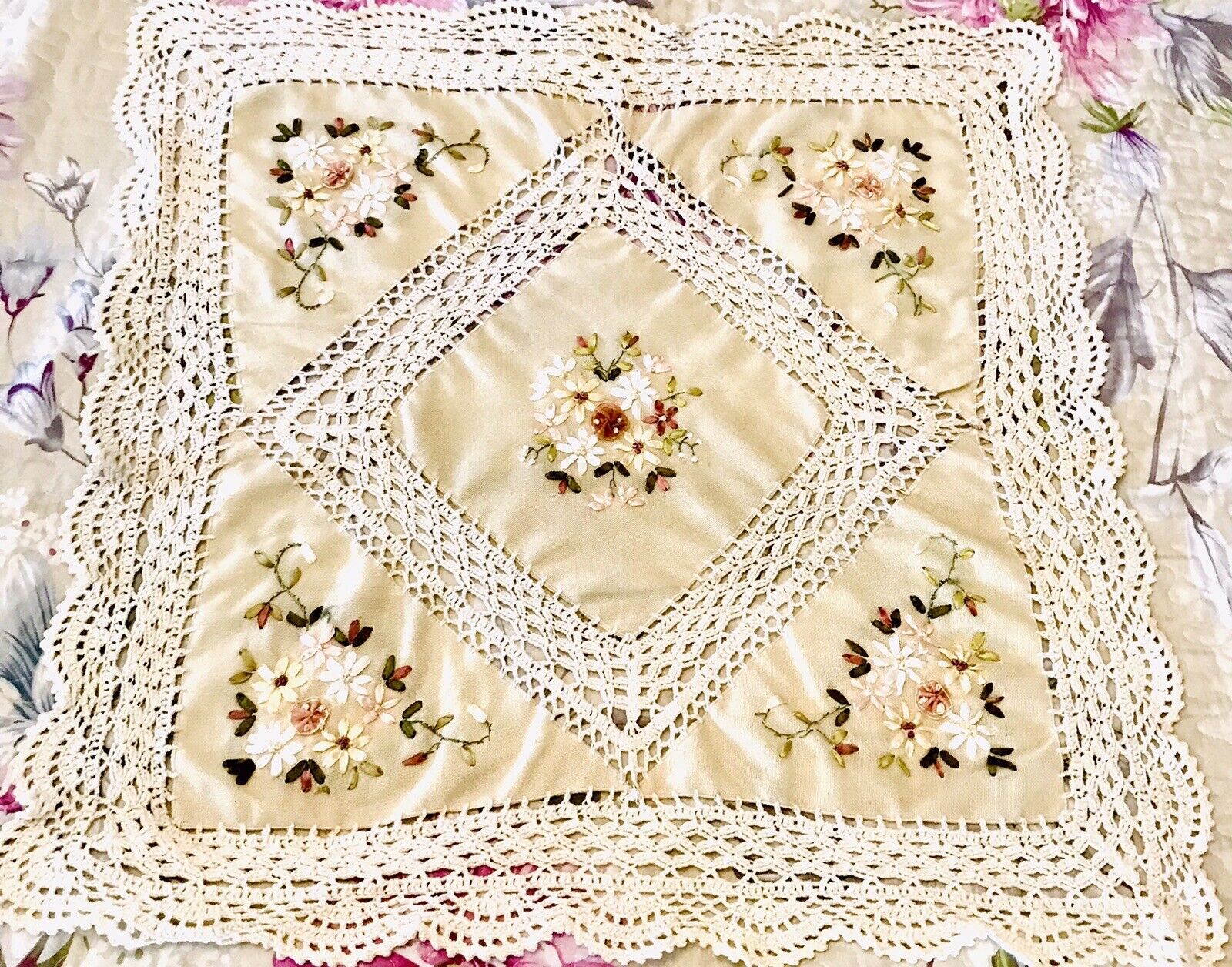 Cream Tablecloth Hand Embroidered Ribbon Flowers Crochet Vintage Square 