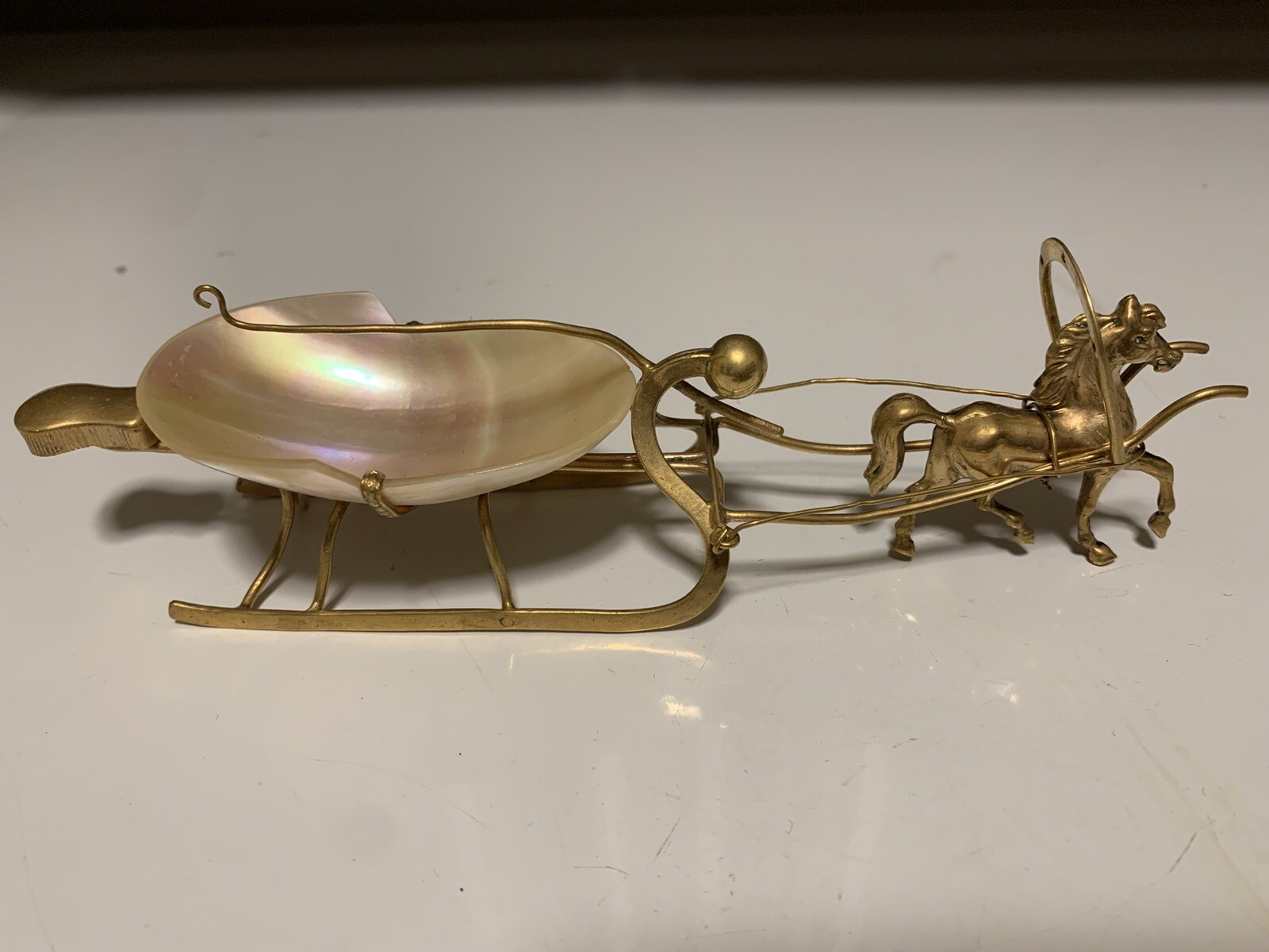 Antique French Gilded Brass Horse & Mother of Pearl Jewelry & Trinket Sleigh