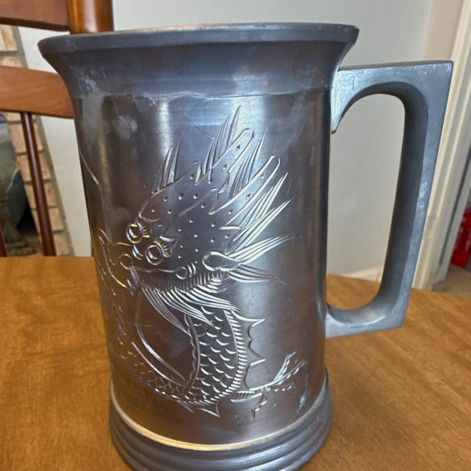 Vintage Pewter Beer Mug Tankard, Engraved Fish Design with Dragon Motif