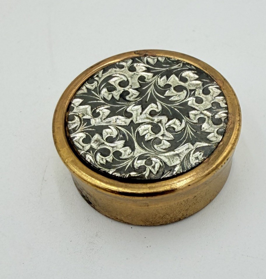Vintage JAPAN Damascene Style Pill Box Gold Tone Floral Scroll Design