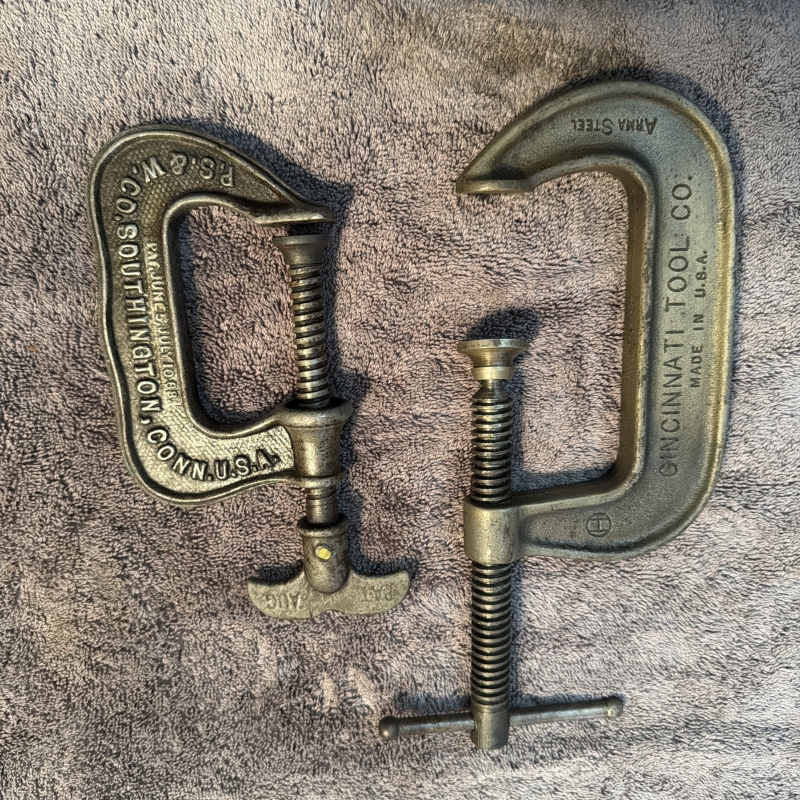  Vtg Antique C-Clamp Lot of 2 PS&W Co 1888 & Cincinnati Tool Co Arma Steel USA