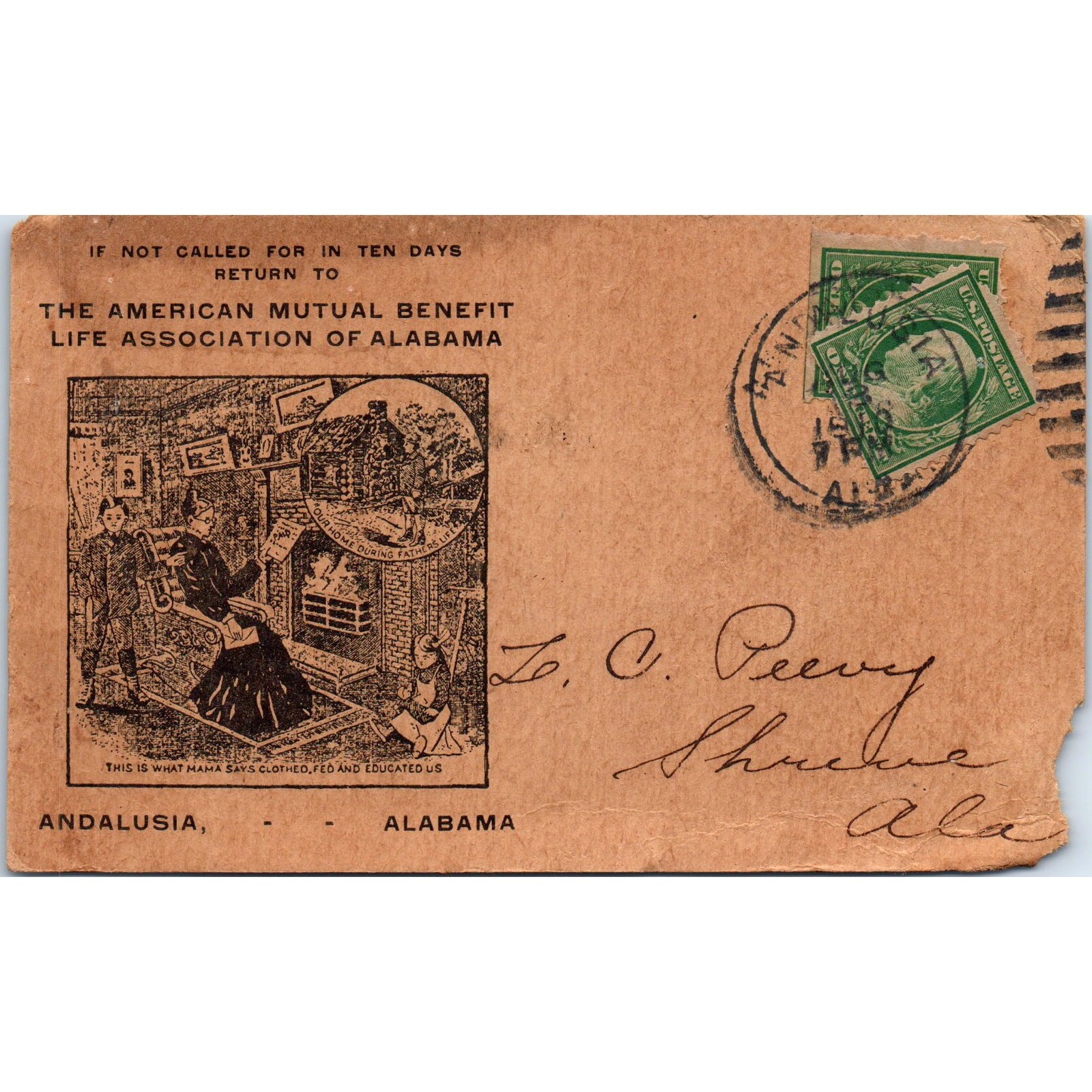 1910 Mutual Benefit Life Association of Alabama Postcard L.C. Peavy Shreve AD6