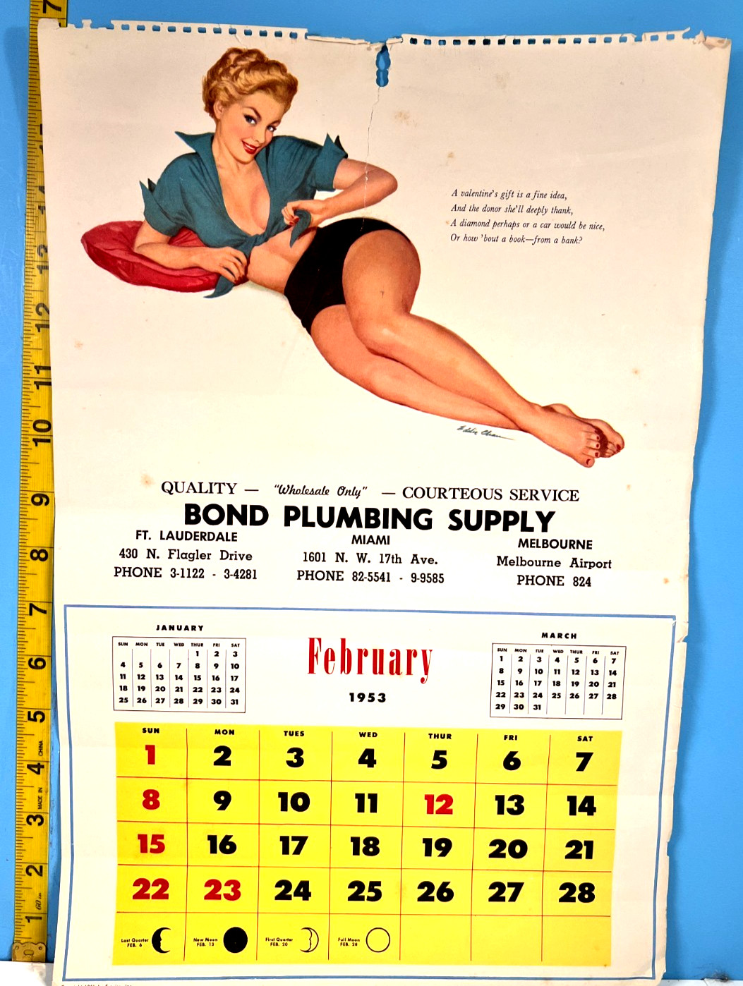 1953 Eddie Chan Pinup Girl Calendar Page Bond Plumbing Feb.
