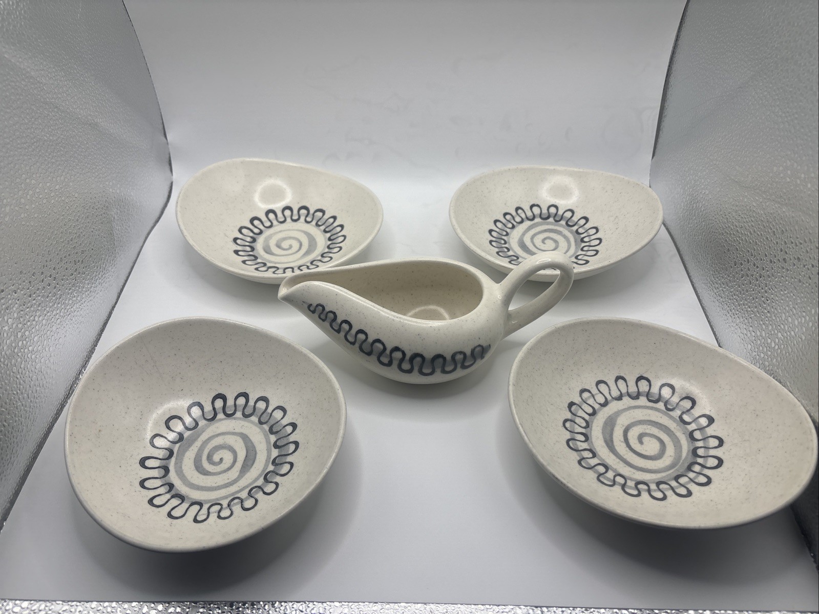1950’s Metlox Poppytrail Line. Hand Painted Aztec Black And Gray Swirl Motif.