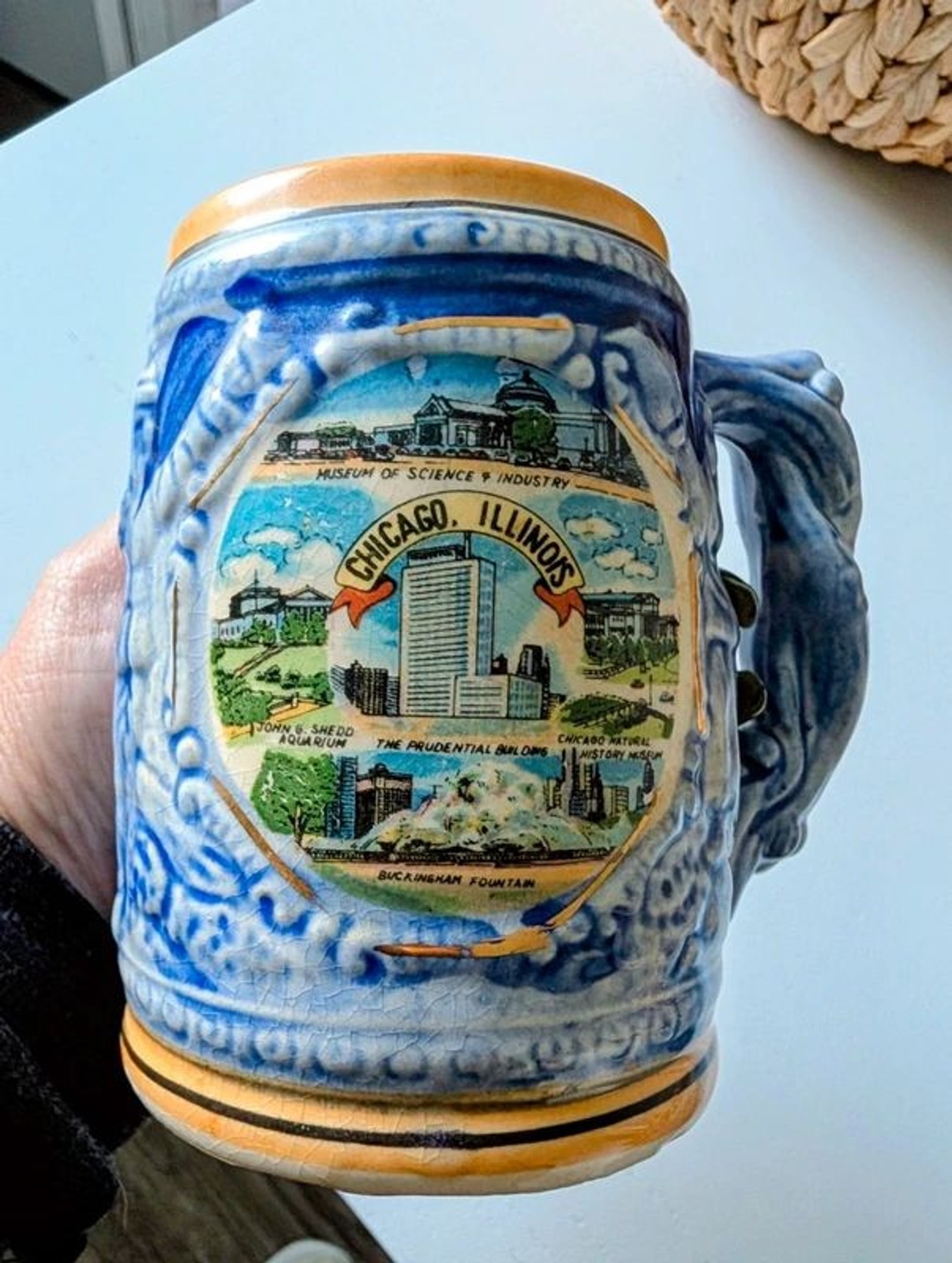 1970's Vintage Chicago Illinois Souvenir Beer Stein Relief Ceramic Blue Japan