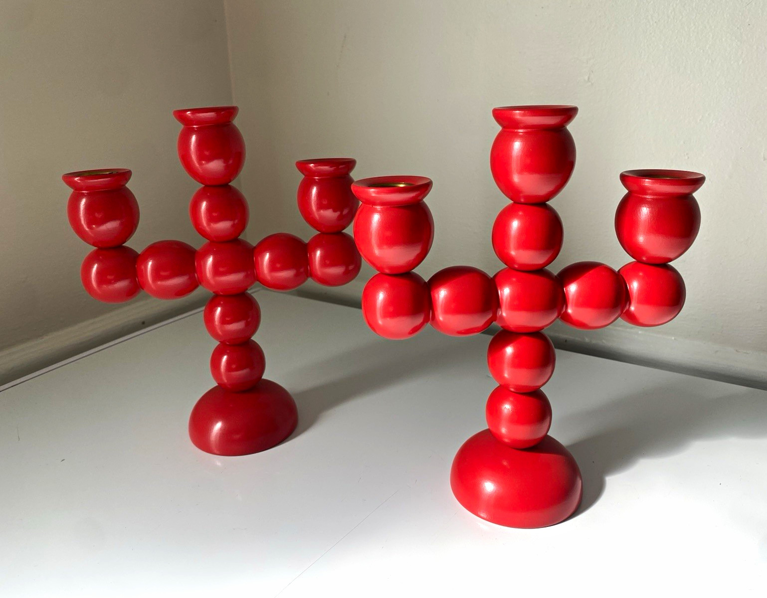 Vtg Set Scandi Swedish Red Laquer Wood  Candelabra Spindle Candle Holders