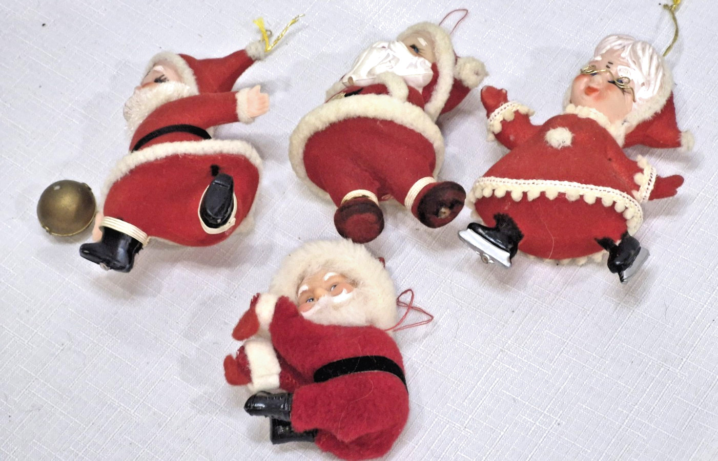 Vintage Flocked Santa & Mrs. Claus Ornaments Lot 4 MCM Christmas Japan Kitsch