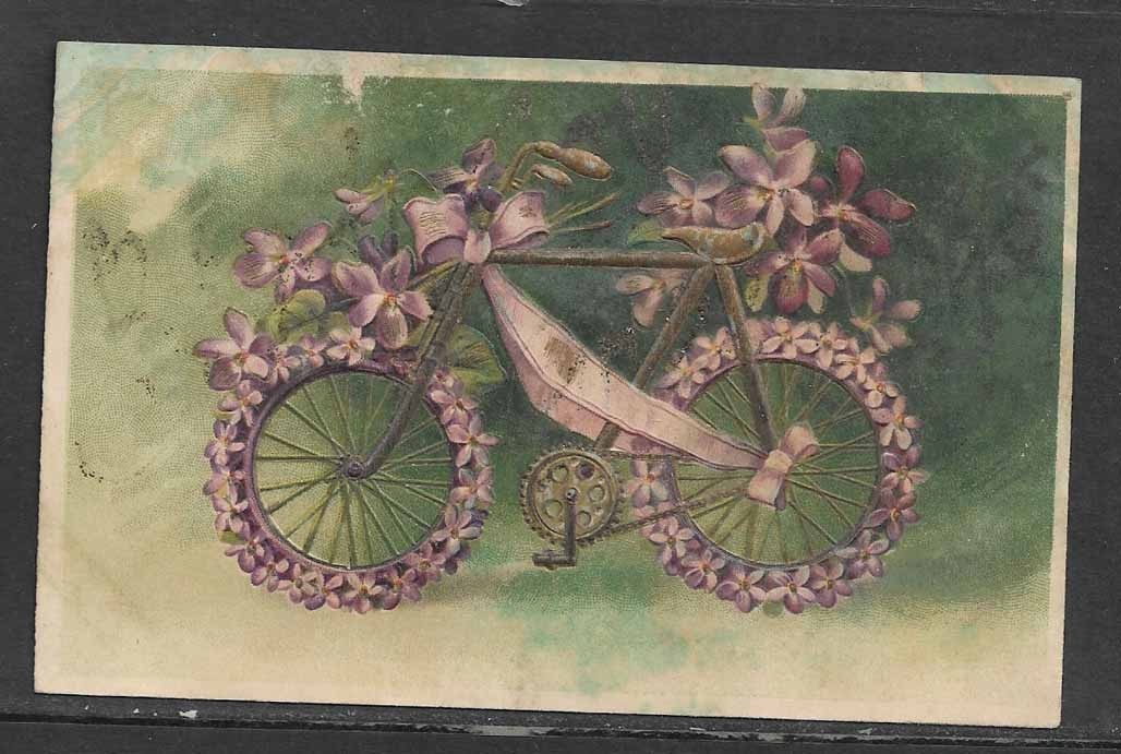 Bicycle with Purple Flowers Embossed Postcard Glitter c1900 - 1910